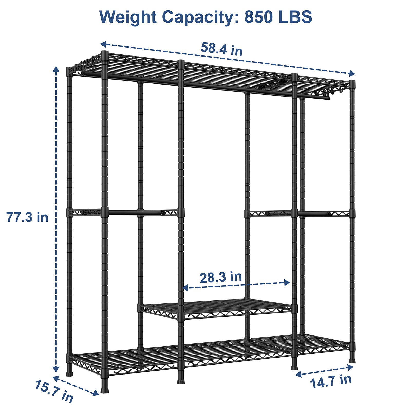 E3 58.4"W Triple Column Garment Rack (Black), 850LBS Load & 5-Tier Storage Shelves