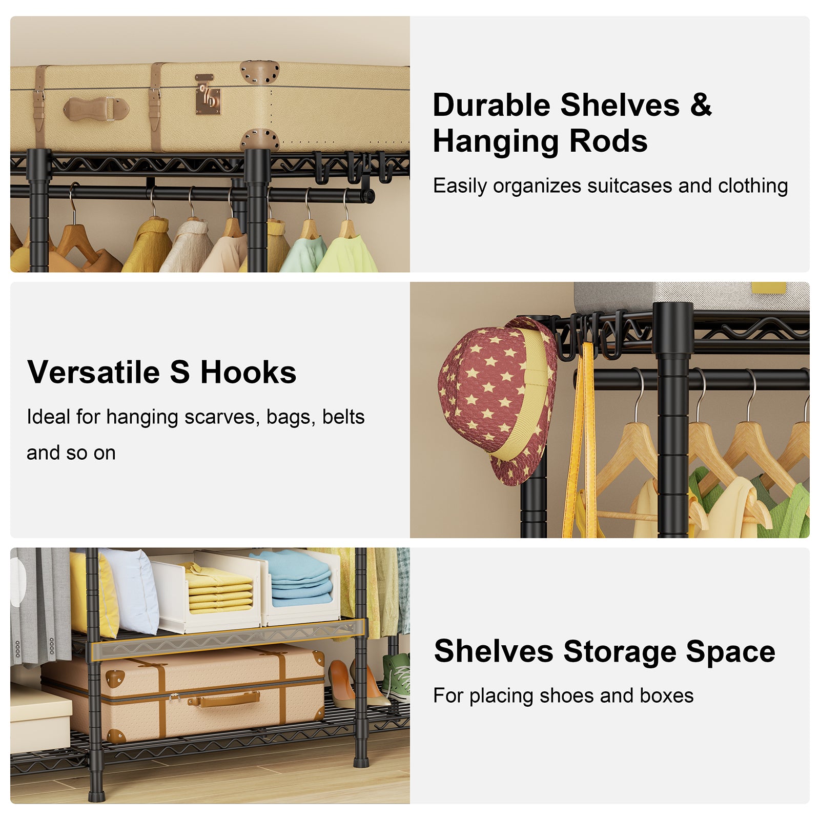 E3 58.4"W Triple Column Garment Rack (Black), 850LBS Load & 5-Tier Storage Shelves