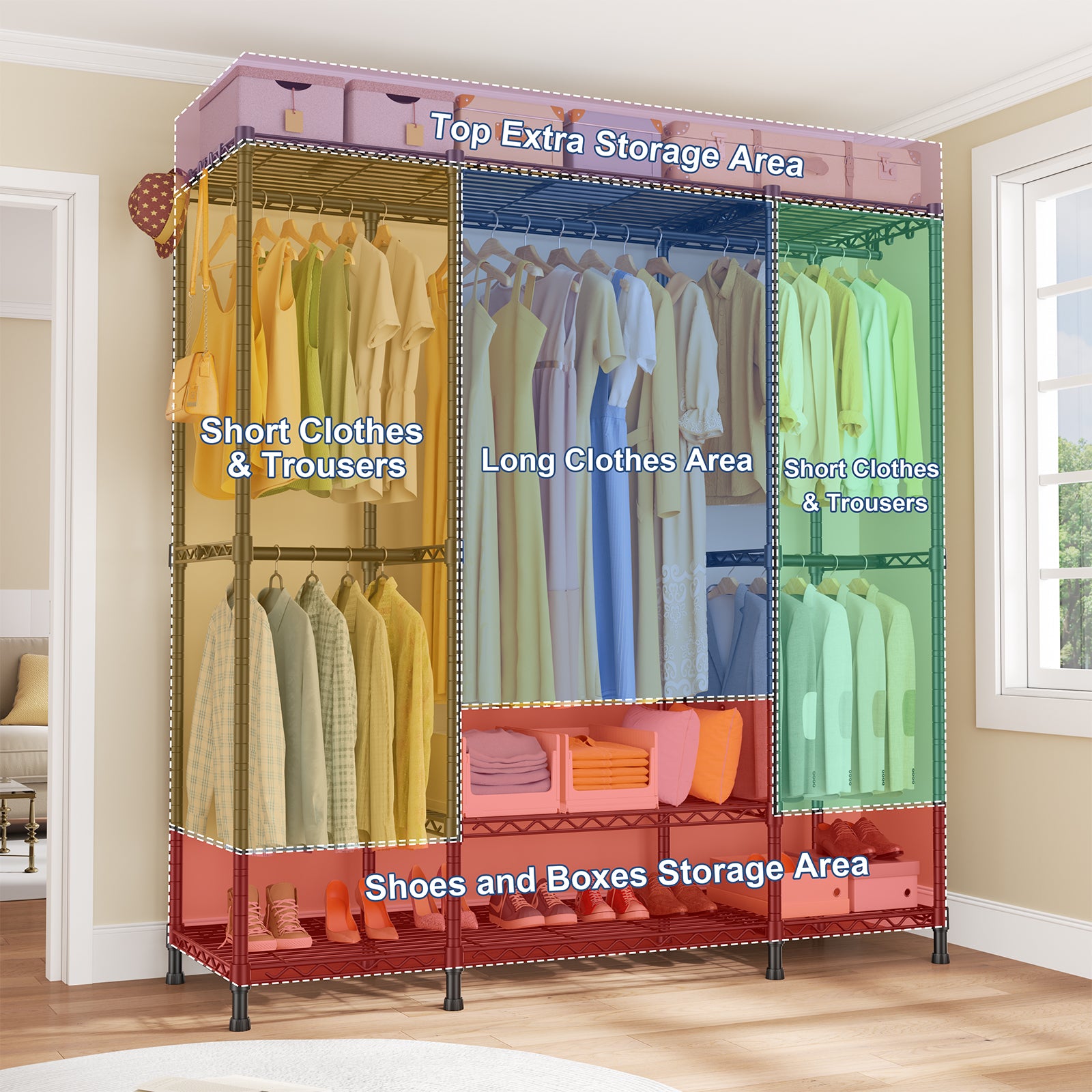 E3 58.4"W Triple Column Garment Rack (Black), 850LBS Load & 5-Tier Storage Shelves