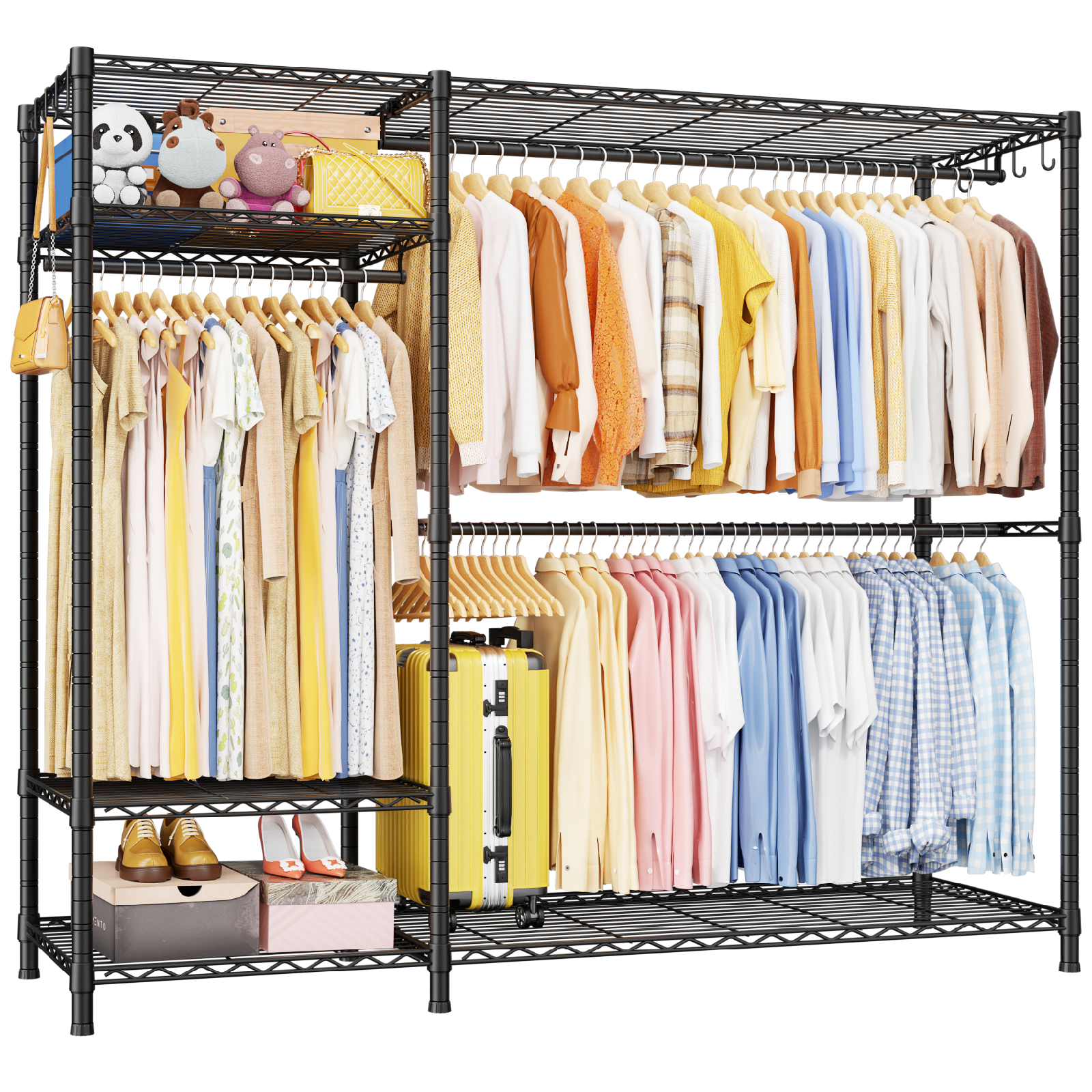 F7 Double Column Garment Rack (Black), 58"W x 14.6"D x 76.6"H, 800LBS Load & 6-Tier Shelves