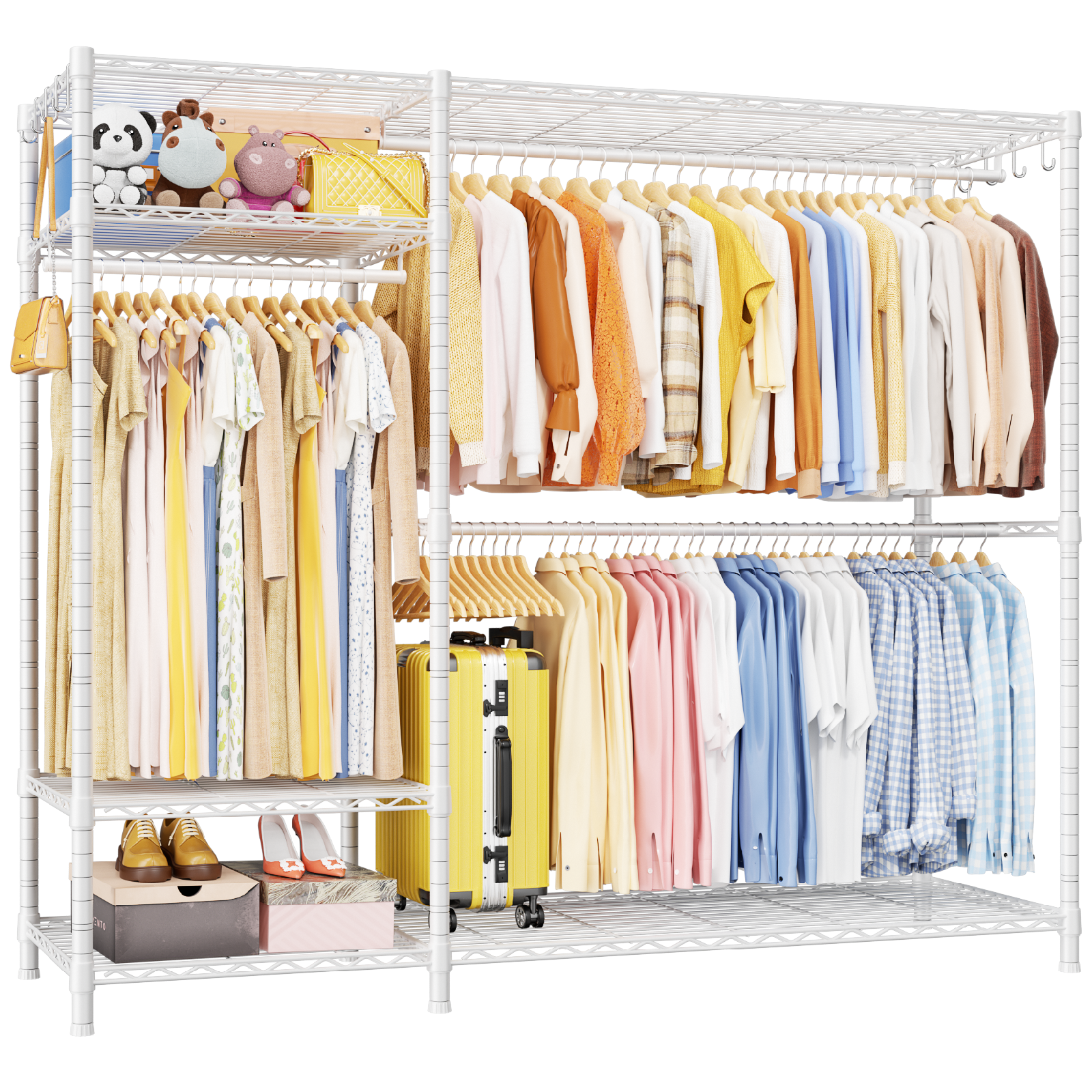 F7 Double Column Garment Rack (Black), 58"W x 14.6"D x 76.6"H, 800LBS Load & 6-Tier Shelves