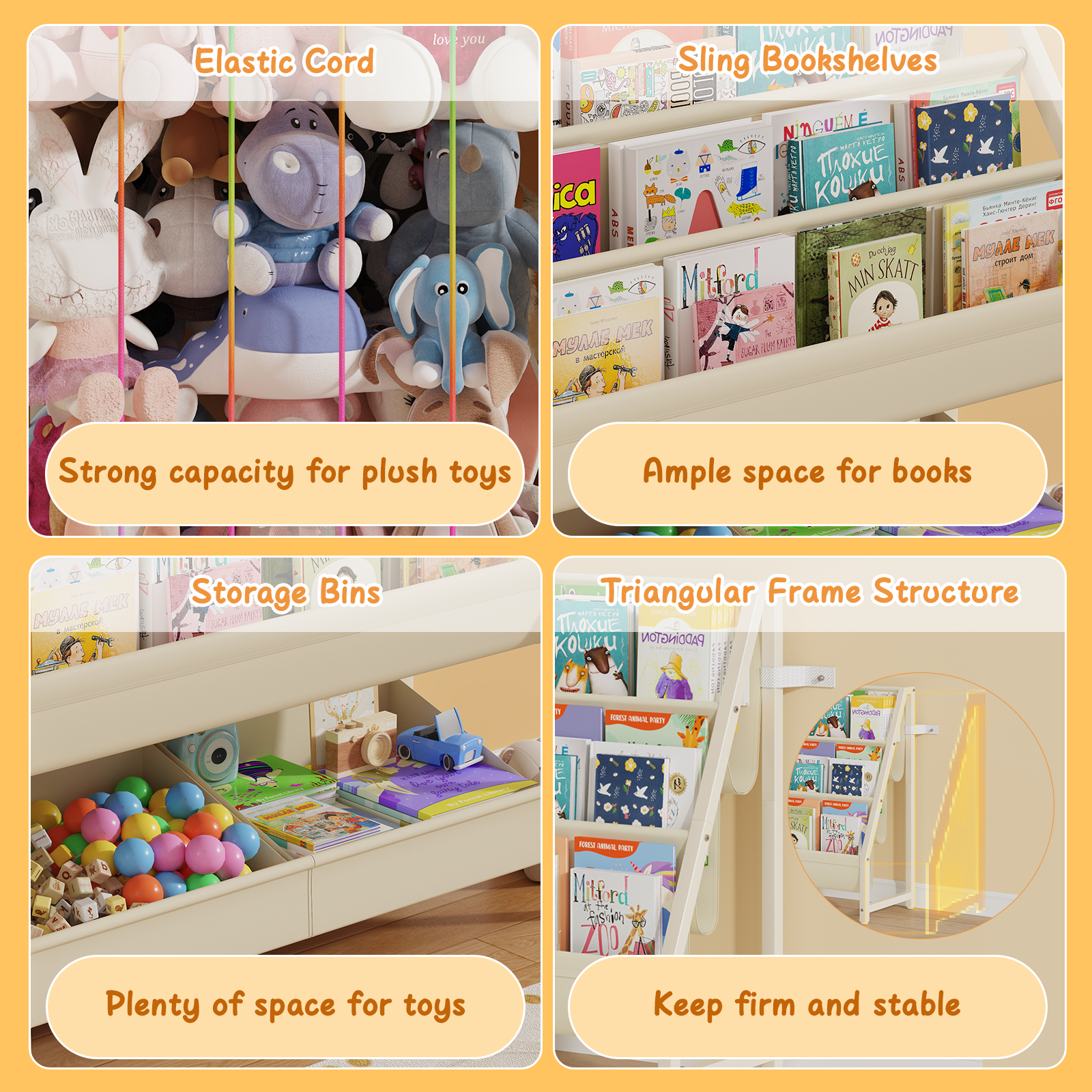 B5 Kids Bookshelf and Toy Storage, Book Shelf for Kids Rooms, Sling Toddler Book Shelves with Stuffed Animal Storage