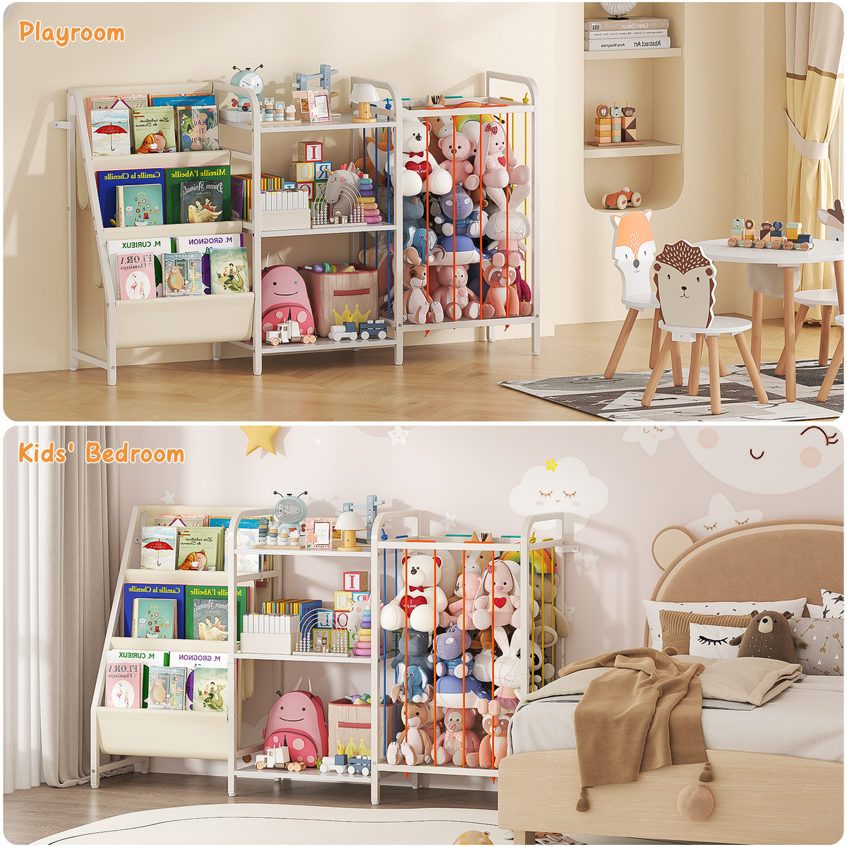 B1 Kids 3-in-1 Bookshelf & Toy Storage (White), 3-Tier Shelves+3 Sling Pockets for Nursery/Playroom