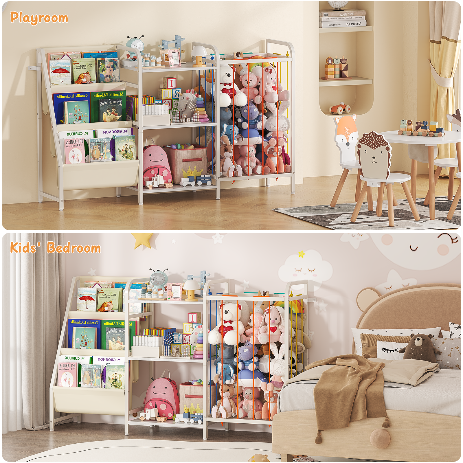 B1 Kids 3-in-1 Bookshelf & Toy Storage (White), 3-Tier Shelves+3 Sling Pockets for Nursery/Playroom