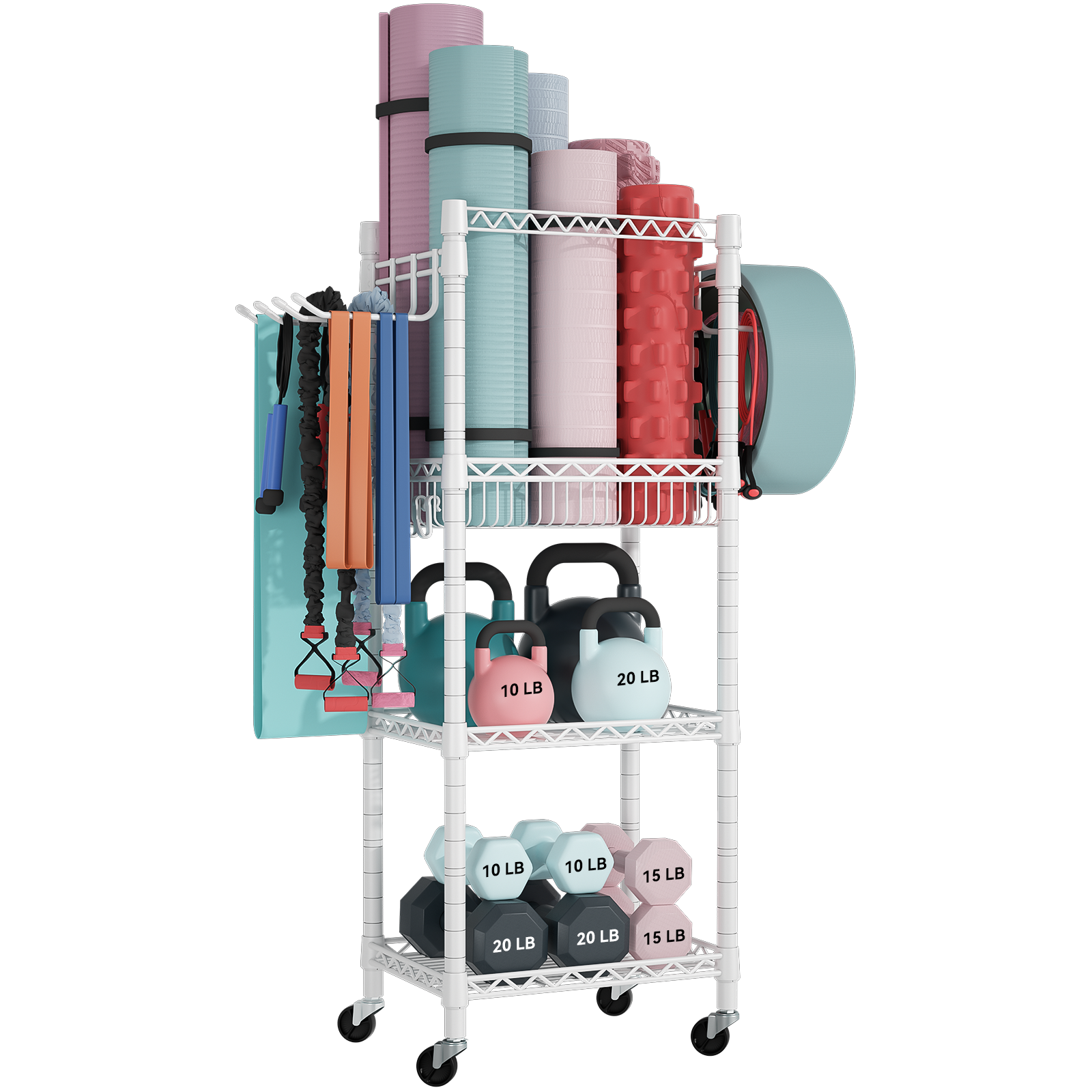 S1 Home Gym Storage, 3 Tiers Workout Equipment Organizer with Wheels for Yoga Mats, Foam Roller, Dumbbells, Kettlebells, and Resistance Bands