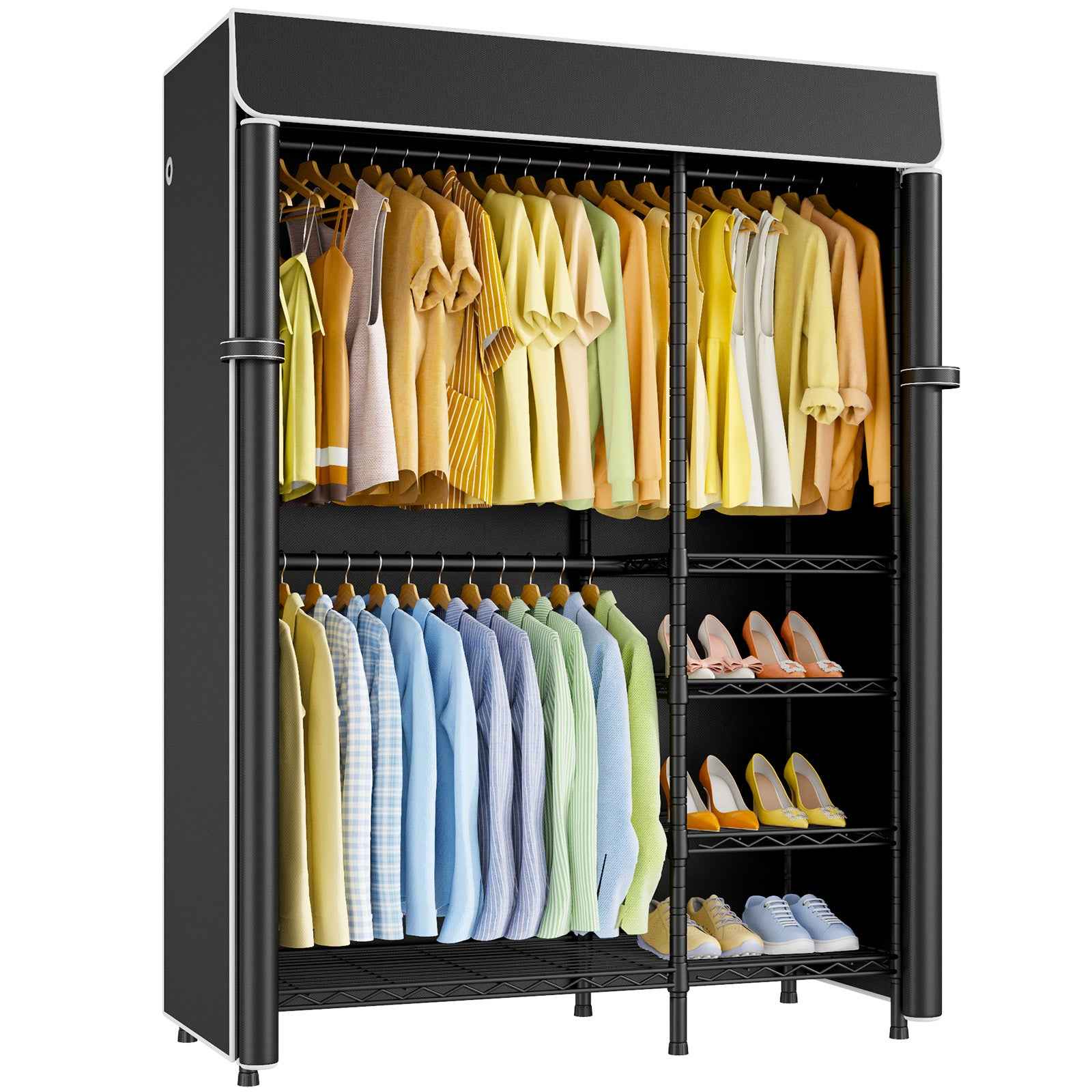 F2C Clothes Rack with Cover, Clothing Racks for Hanging Clothes, Heavy Duty Garment Rack with Shelves and Hanger Rods