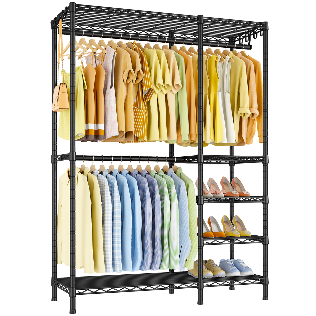F2 Double Column Clothes Rack, 5 Tiers Heavy Duty Garment Rack, Max load 630lbs