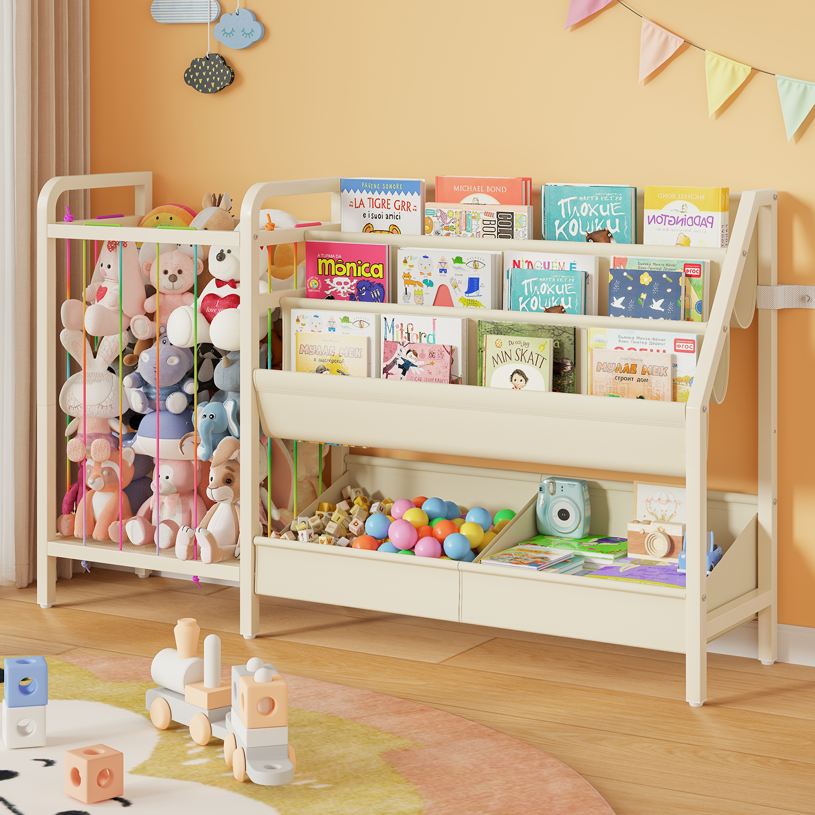 B5 Kids Bookshelf and Toy Storage, Book Shelf for Kids Rooms, Sling Toddler Book Shelves with Stuffed Animal Storage