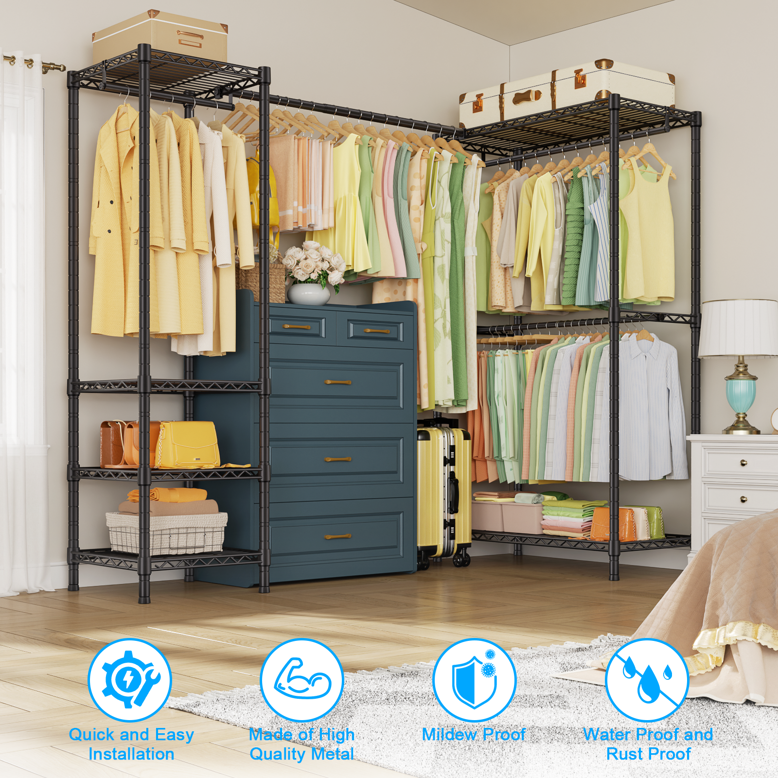 E10L L-Shaped Clothes Rack for Corner（With Expandable Hanger Rod）Heavy Duty Freestanding Clothing Racks for Hanging Clothes，Portable Garment Rack