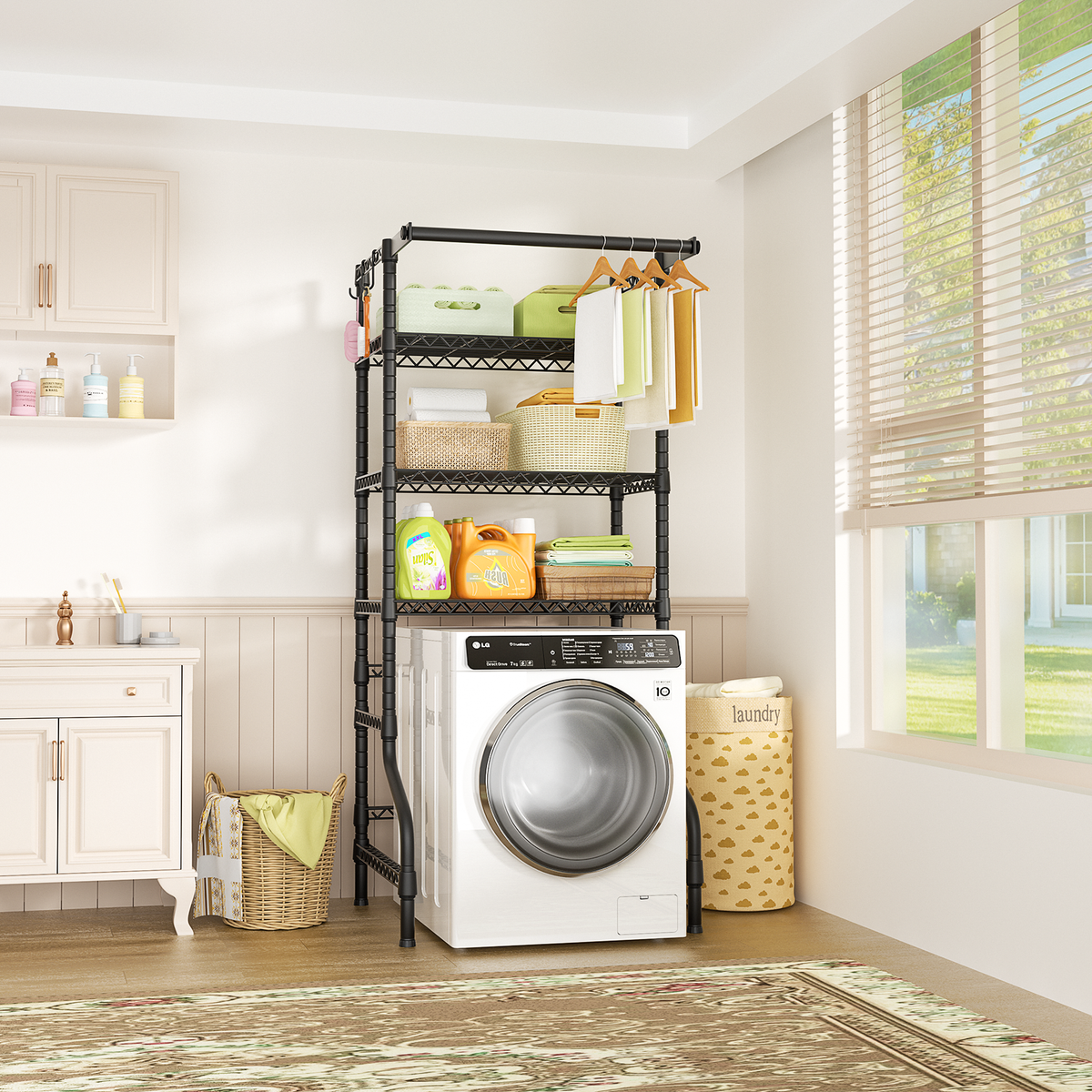 U11 Medium Over-Washer Garment Rack (Black), ≤28.7" Washer Fit, 304LBS Load & Front Hanger Rod