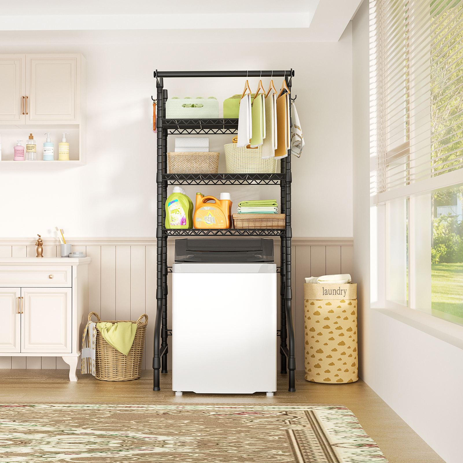 U11 Medium Over-Washer Garment Rack (Black), ≤28.7" Washer Fit, 304LBS Load & Front Hanger Rod