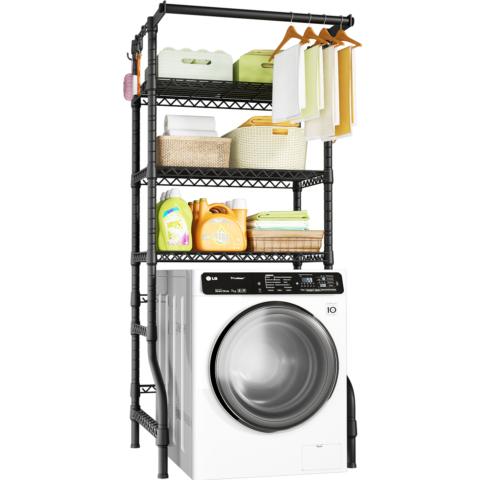U11 Over-Washer Garment Rack (Black), ≤31.4" Washer Fit, 3-Tier Shelves & Front Hanger Rod