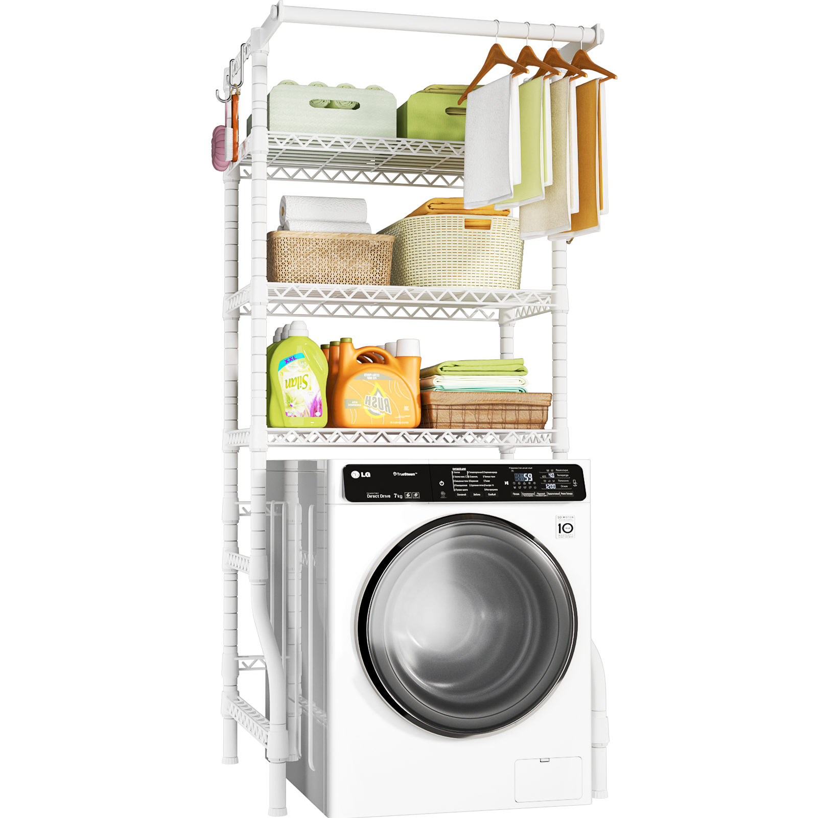 U11 Over-Washer Garment Rack (Black), ≤31.4" Washer Fit, 3-Tier Shelves & Front Hanger Rod
