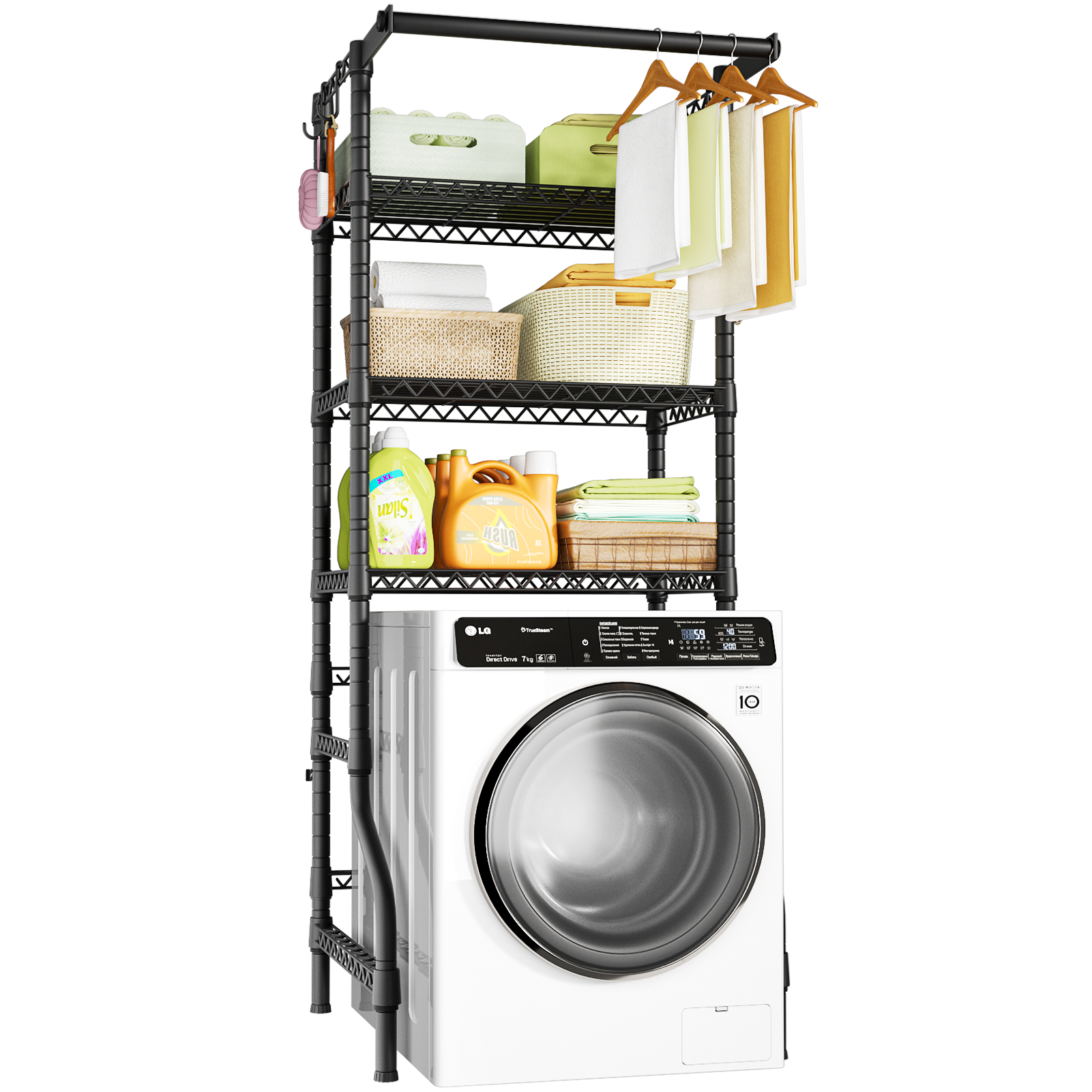 U11 Over-Washer Garment Rack (Black), ≤31.4" Washer Fit, 3-Tier Shelves & Front Hanger Rod