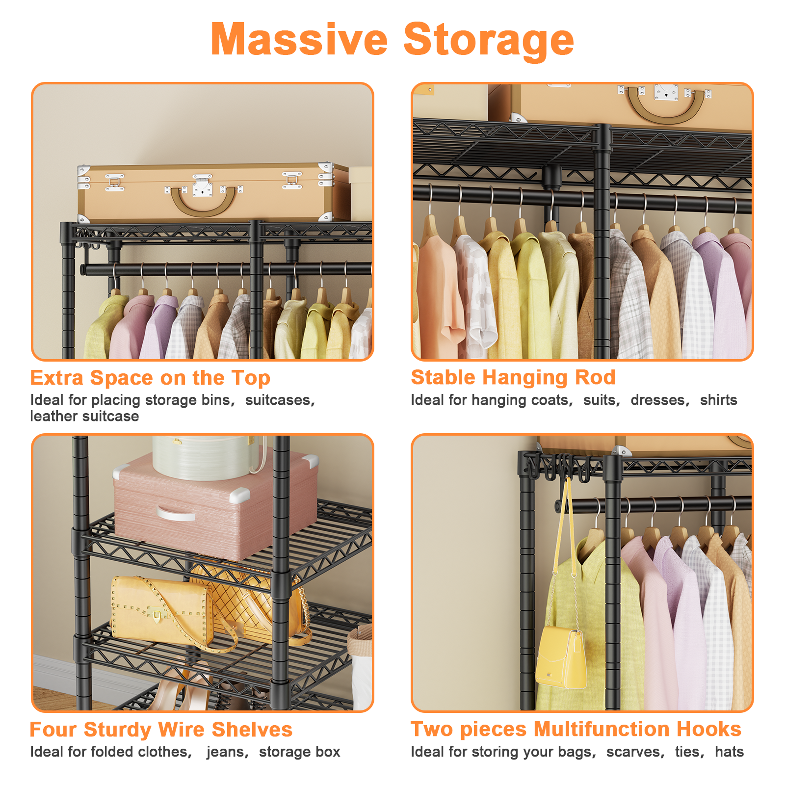 F4 Double Column Garment Rack (Black), 500LBS Load, 4-Tier Shelves & 1 Hanger Rod with Side Hooks