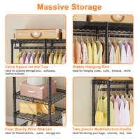 F4 Double Column Garment Rack (Black), 500LBS Load, 4-Tier Shelves & 1 Hanger Rod with Side Hooks