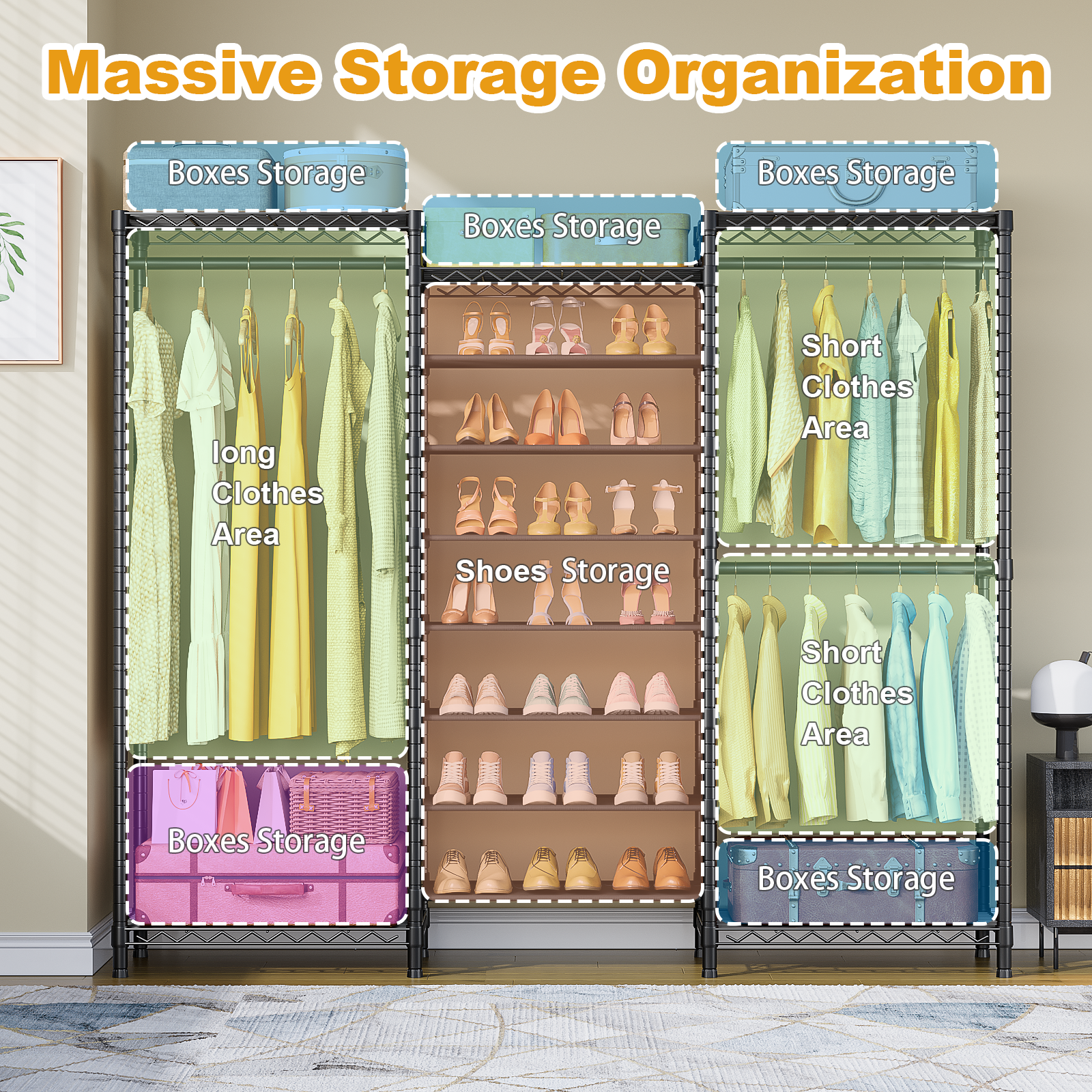 E16 Heavy Duty Clothing Rack（with 7-Tier Adjustable Shoe Rack） Freestanding Clothes Rack for Hanging Clothes