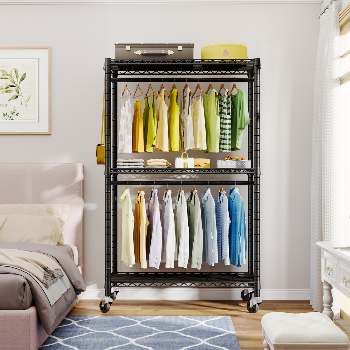 P3 Single Column Garment Rack (Black), 39.4"W, 464LBS Load & 3-Tier Shelves with Lockable Wheels