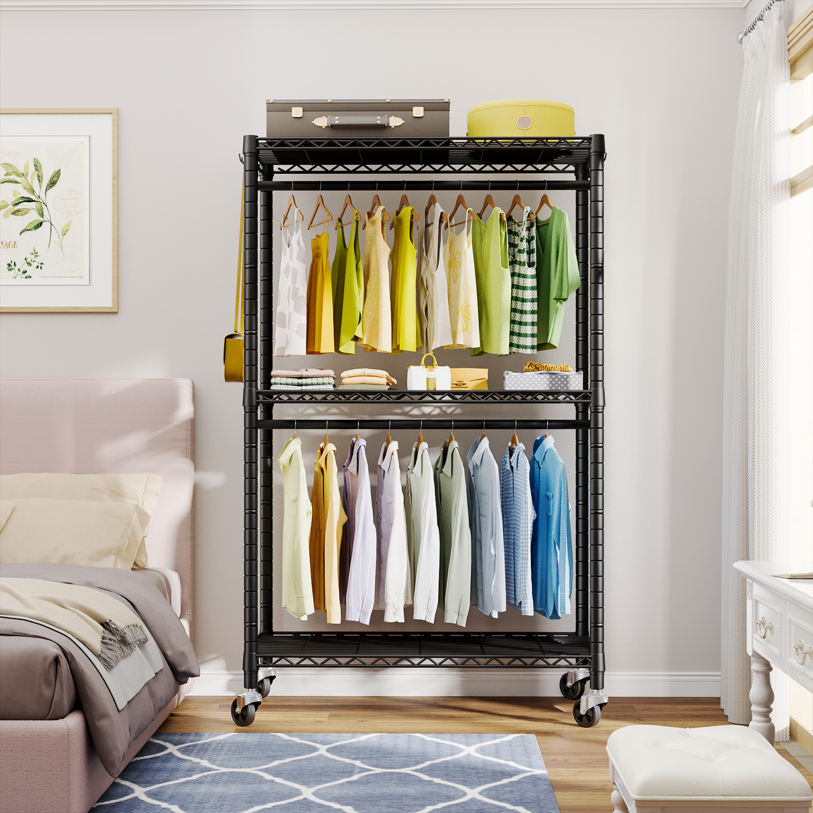 P3 Single Column Garment Rack (Black), 39.4"W, 464LBS Load & 3-Tier Shelves with Lockable Wheels