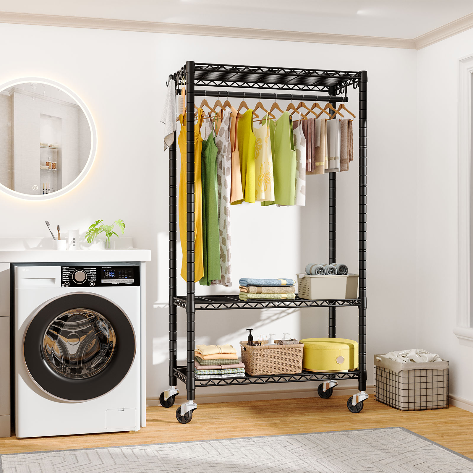 P3 Single Column Garment Rack (Black), 39.4"W, 464LBS Load & 3-Tier Shelves with Lockable Wheels