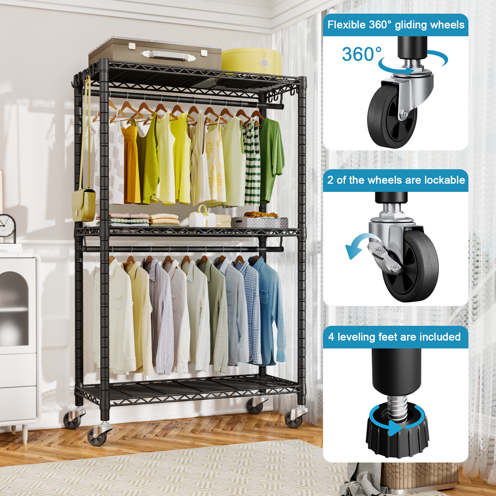 P3 Single Column Garment Rack (Black), 39.4"W, 464LBS Load & 3-Tier Shelves with Lockable Wheels