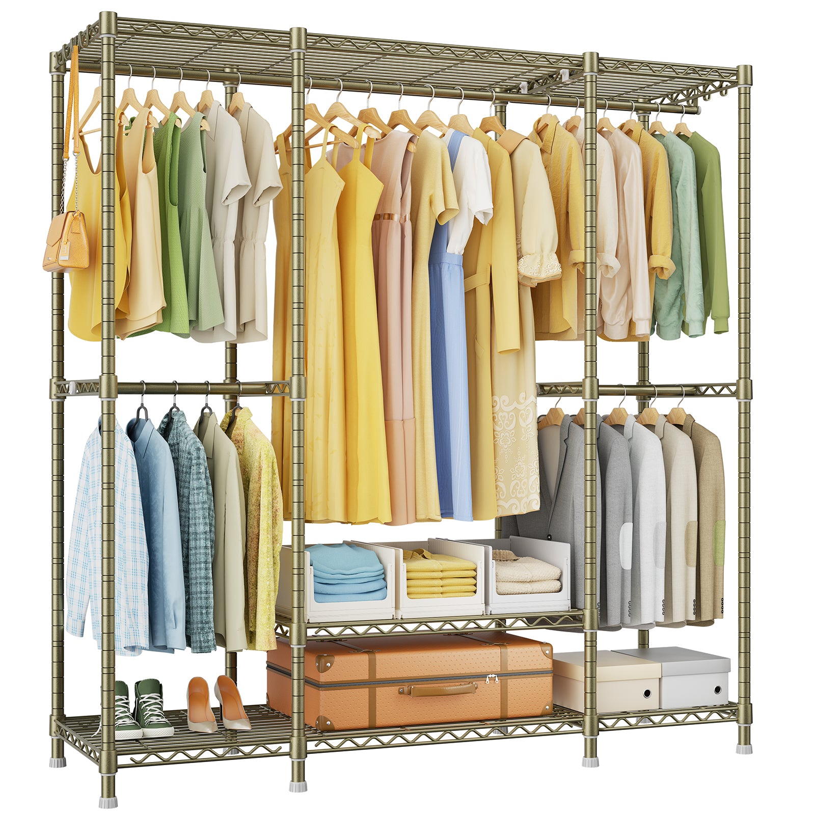 E3 58.4"W Triple Column Garment Rack (Black), 850LBS Load & 5-Tier Storage Shelves