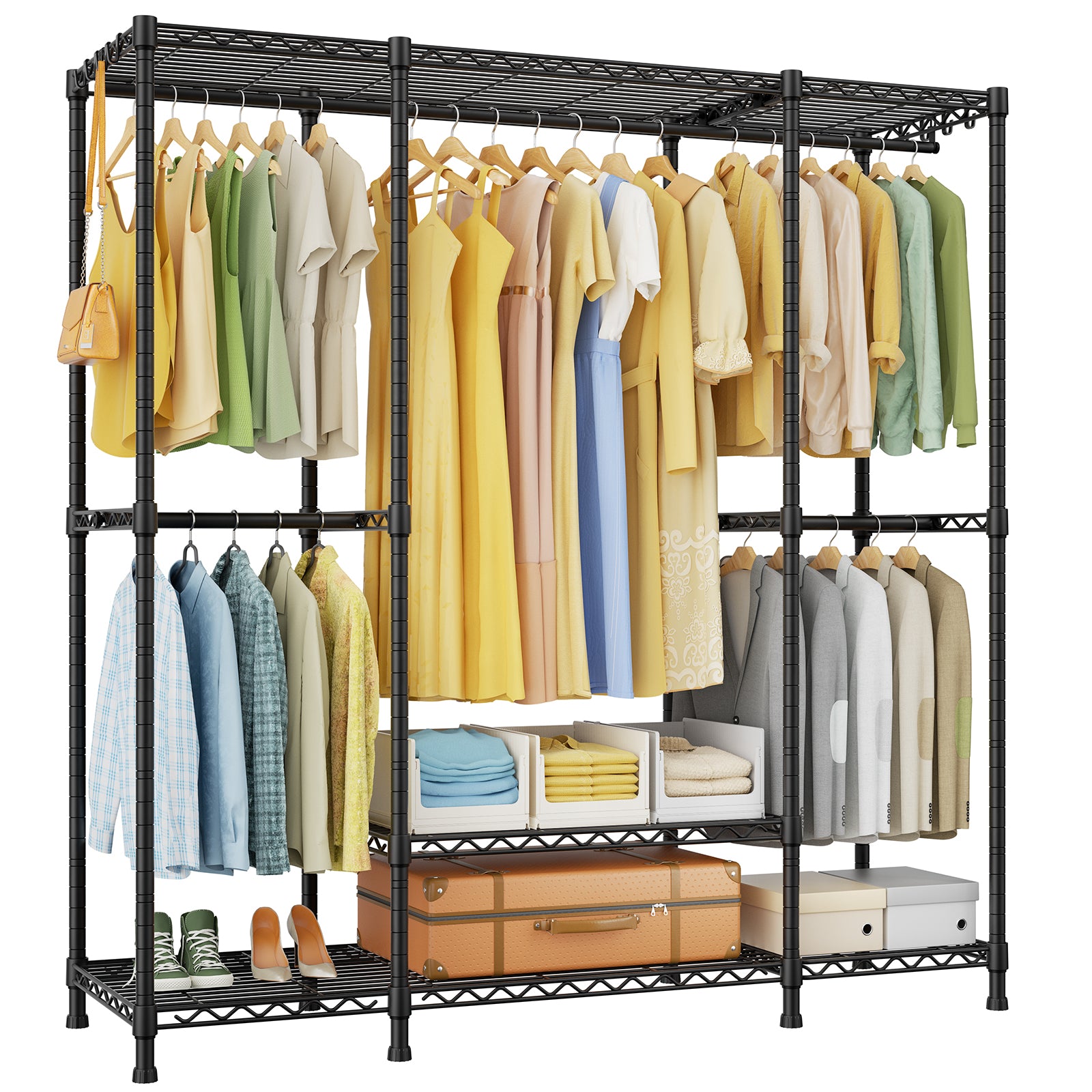 E3 58.4"W Triple Column Garment Rack (Black), 850LBS Load & 5-Tier Storage Shelves