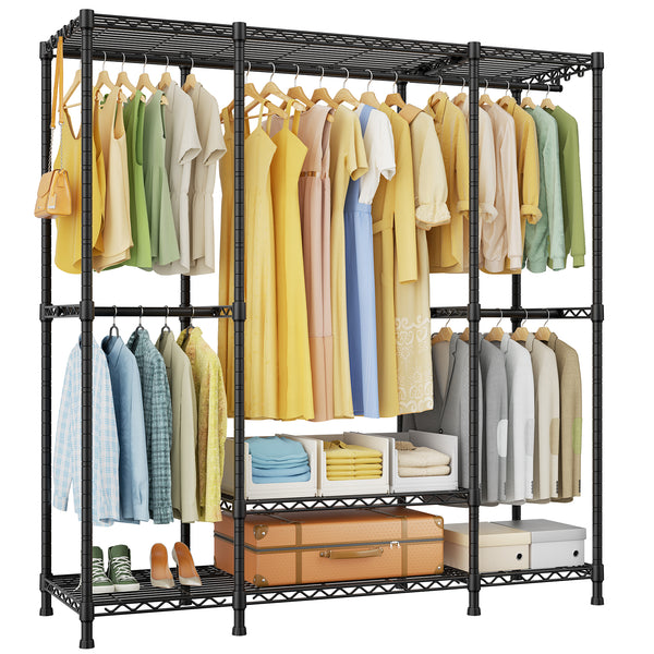 E3 58.4"W Triple Column Garment Rack (Black), 850LBS Load & 5-Tier Storage Shelves