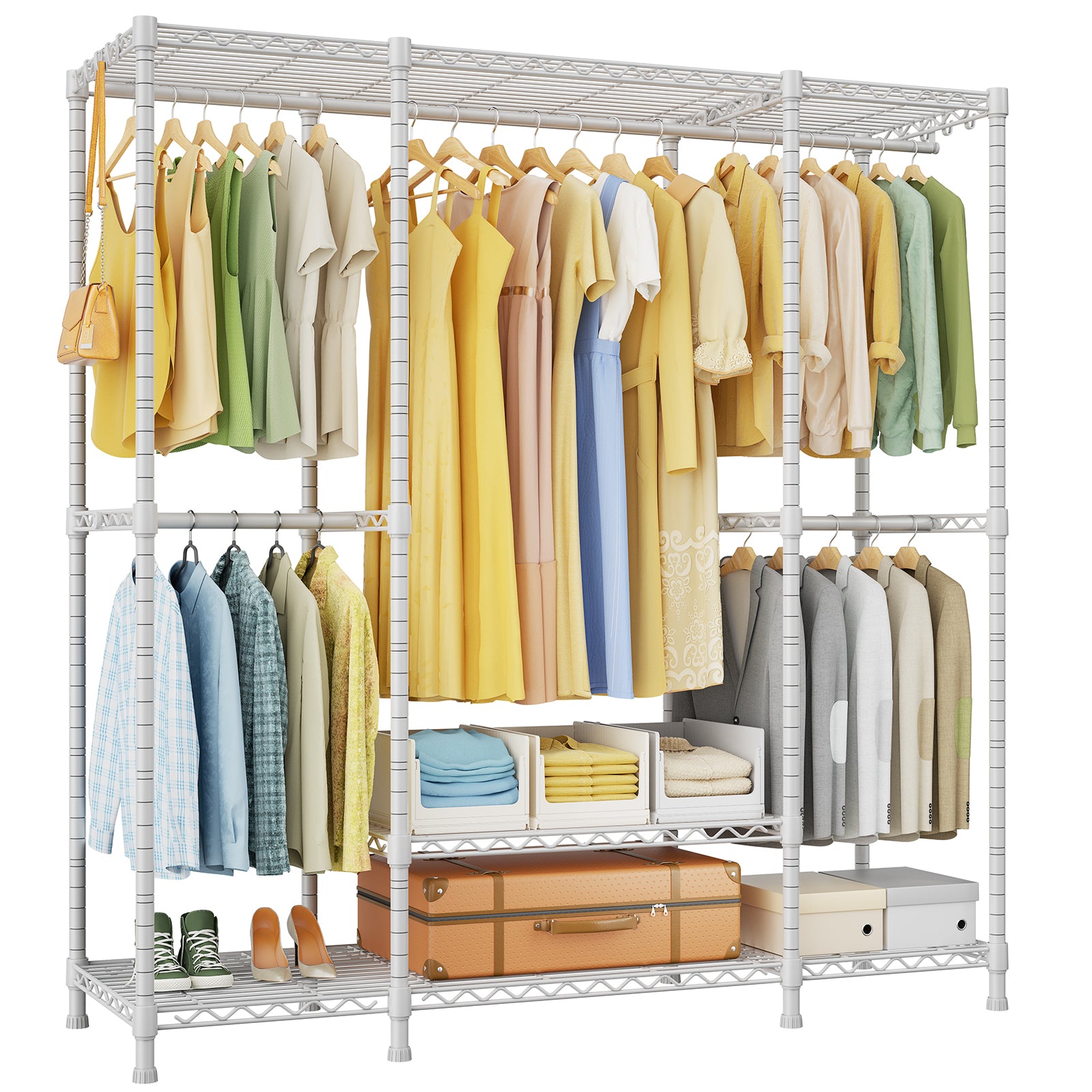 E3 58.4"W Triple Column Garment Rack (Black), 850LBS Load & 5-Tier Storage Shelves