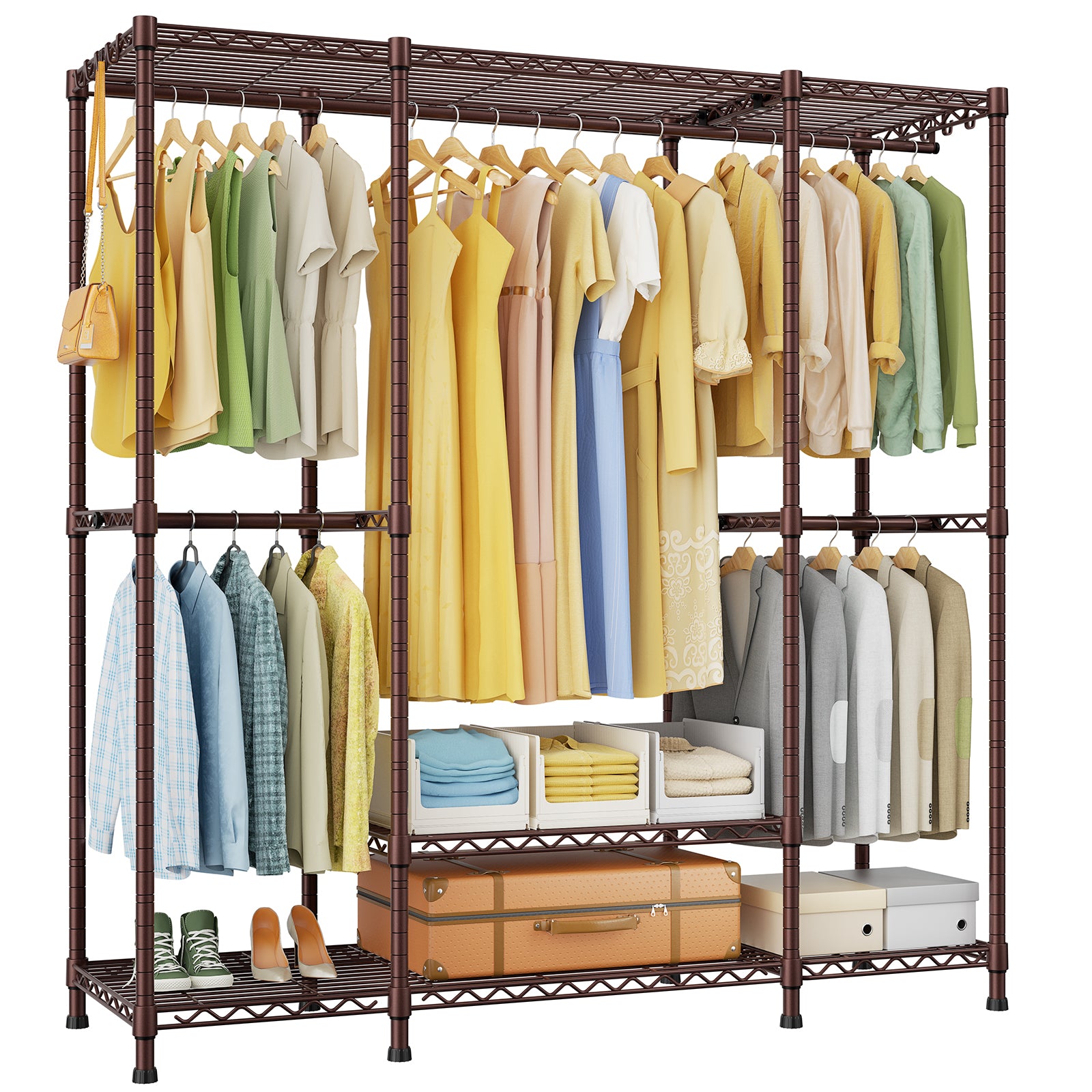 E3 58.4"W Triple Column Garment Rack (Black), 850LBS Load & 5-Tier Storage Shelves