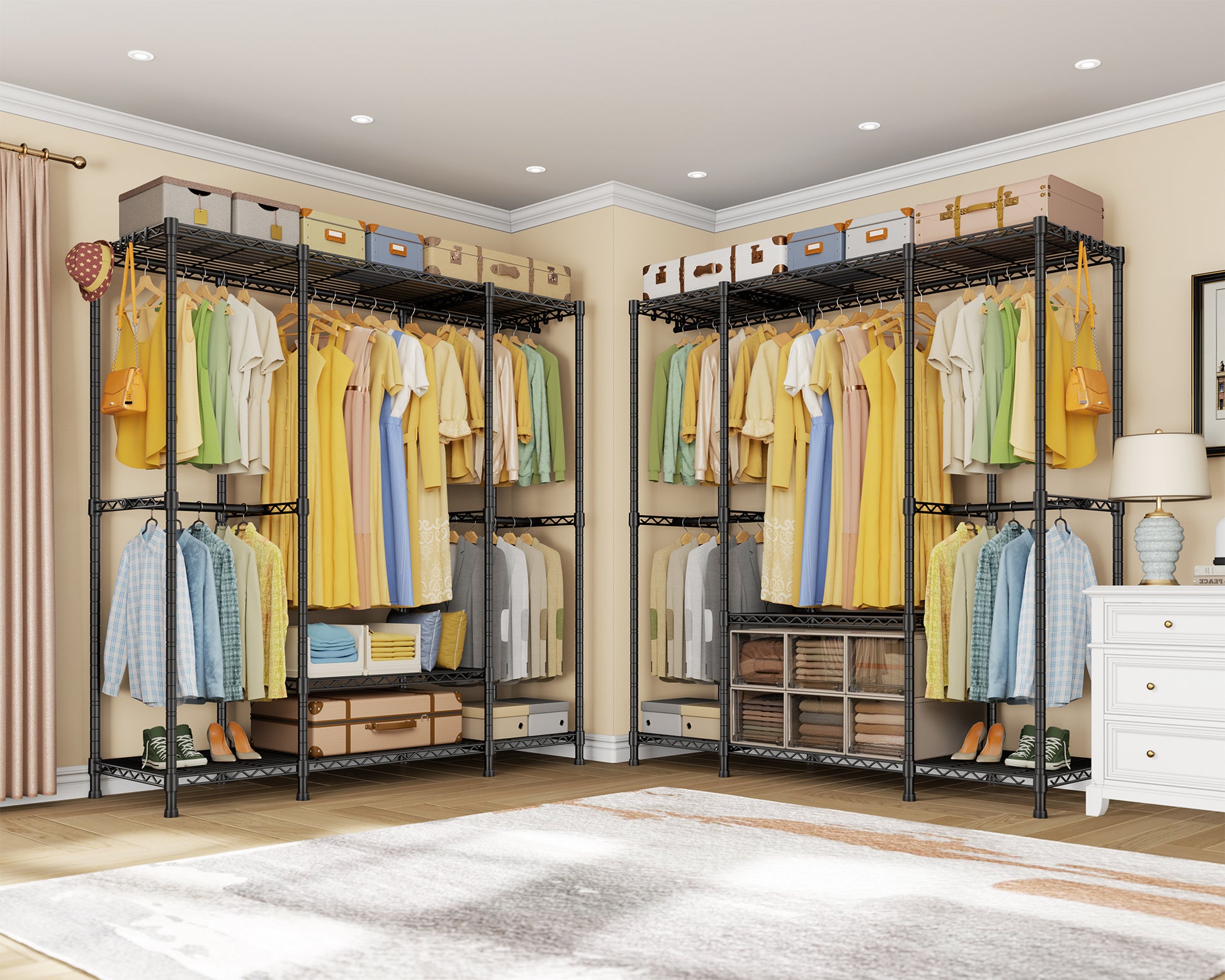 E3 58.4"W Triple Column Garment Rack (Black), 850LBS Load & 5-Tier Storage Shelves