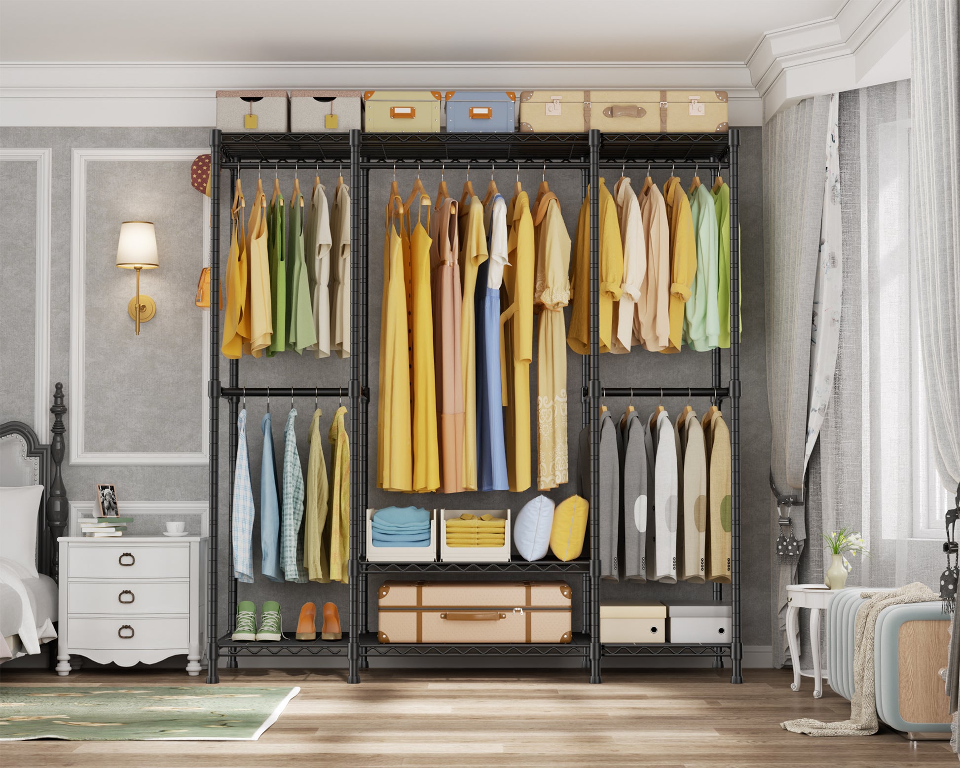 E3 58.4"W Triple Column Garment Rack (Black), 850LBS Load & 5-Tier Storage Shelves