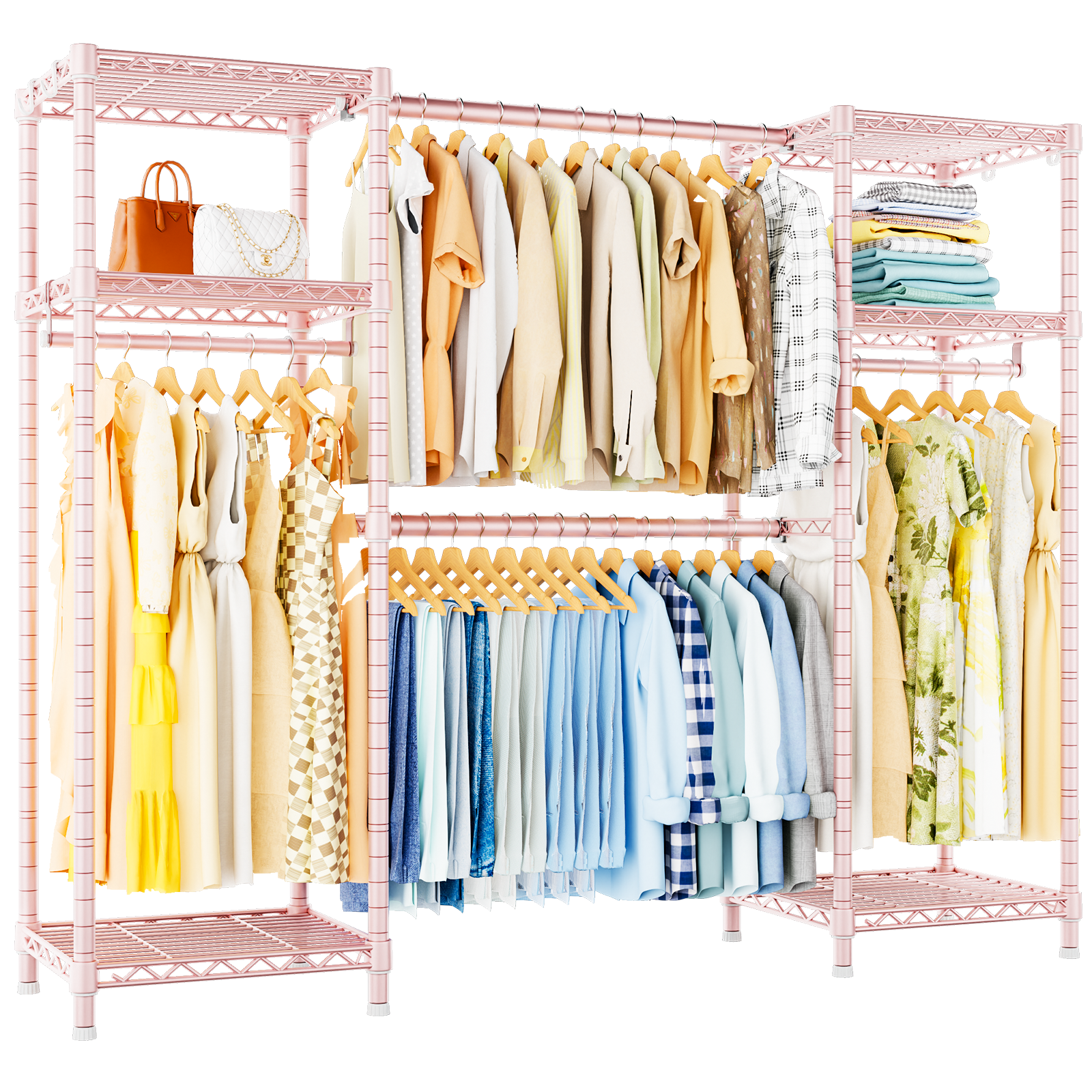 E7 52.3-72" Extendable Triple Column Garment Rack (Black), 838LBS Load & 6-Tier Wire Shelves