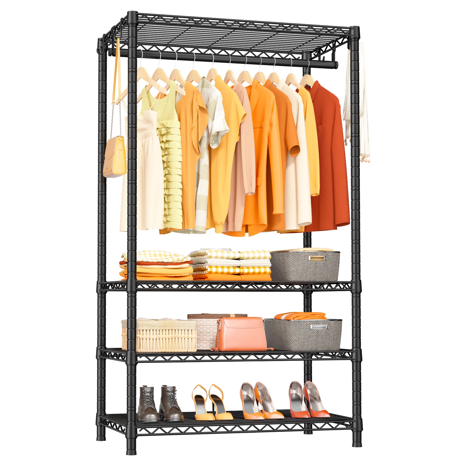 H2 30"W Single Column Garment Rack (Black), 500LBS Load & 4-Tier Adjustable Wire Shelves
