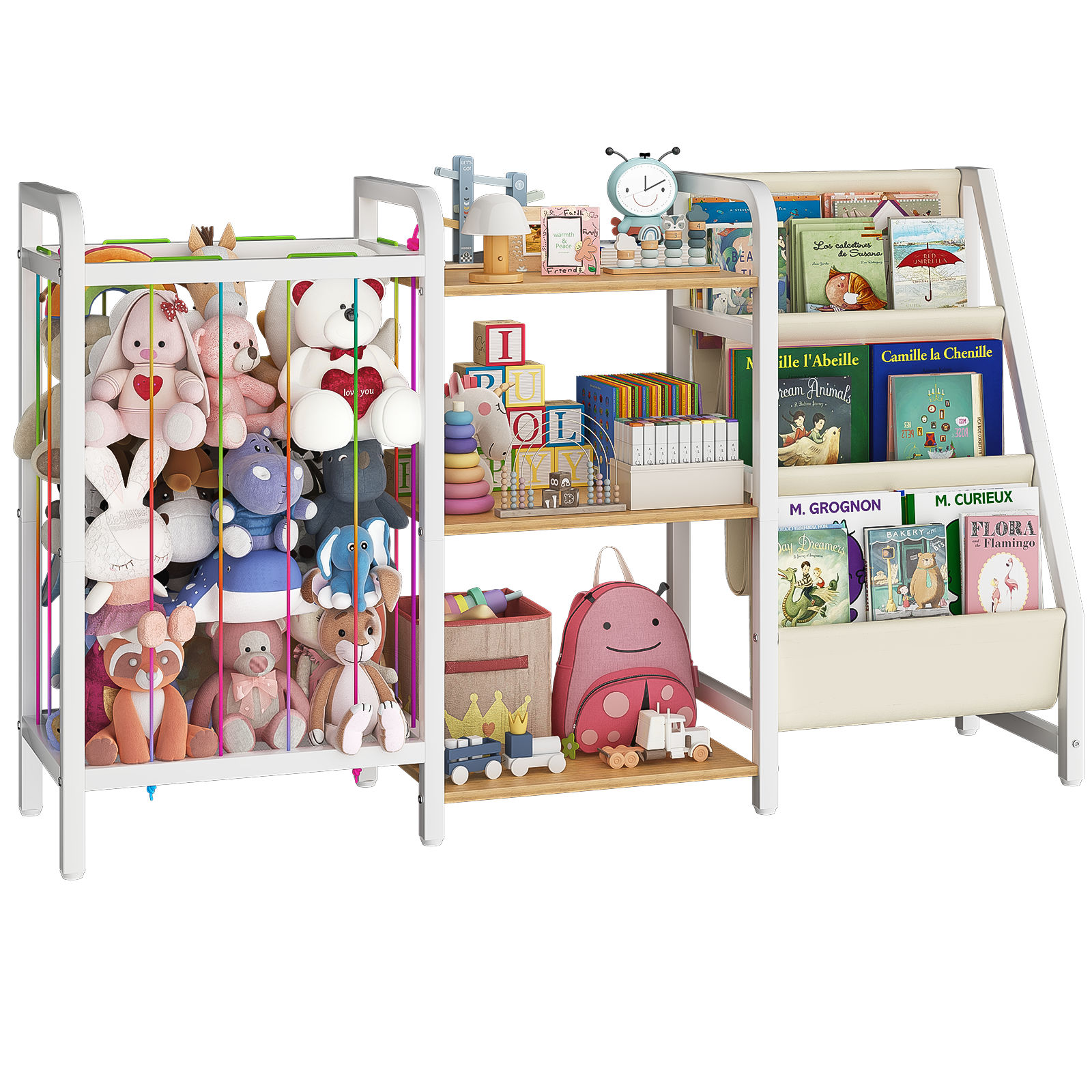 B1 Kids 3-in-1 Bookshelf & Toy Storage (White), 3-Tier Shelves+3 Sling Pockets for Nursery/Playroom