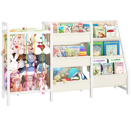 B2 Kids Bookshelf and Toy Storage, 3 Tier Book Shelf for Kids Rooms, Sling Toddler Bookshelf with Stuffed Animal Storage, Montessori Baby Bookcase for Nursery, Bedroom, Playroom, White