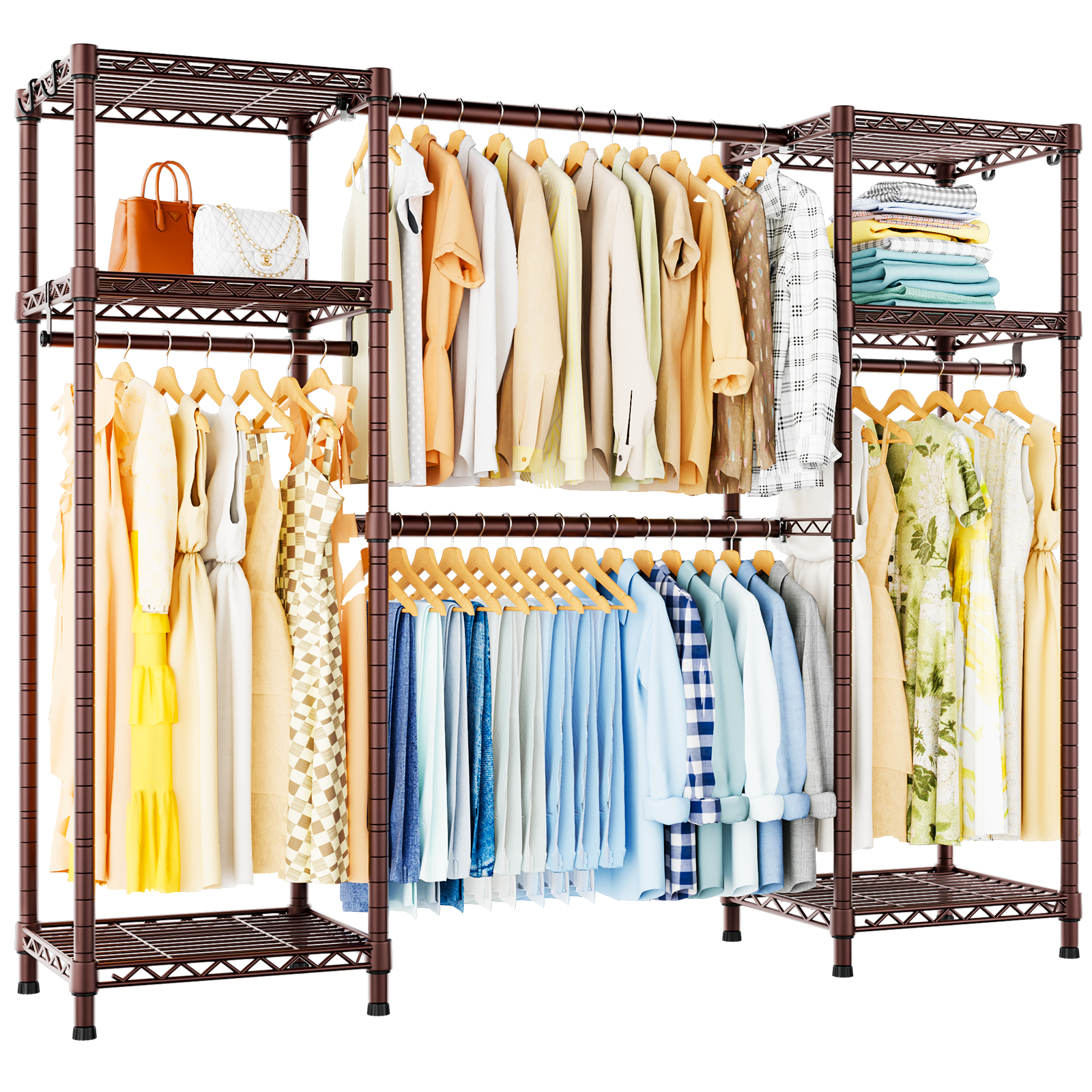E7 52.3-72" Extendable Triple Column Garment Rack (Black), 838LBS Load & 6-Tier Wire Shelves