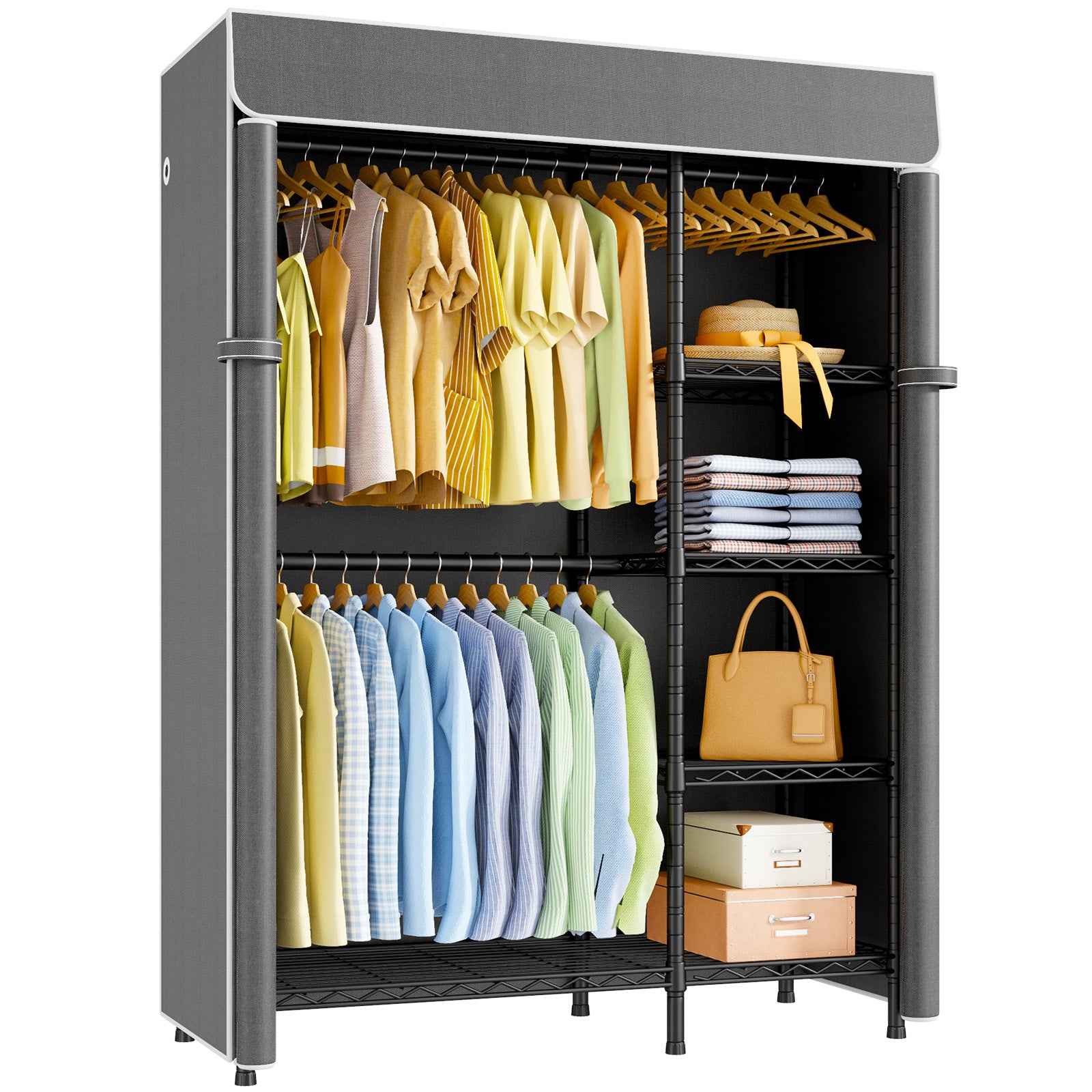 F2C Clothes Rack with Cover, Clothing Racks for Hanging Clothes, Heavy Duty Garment Rack with Shelves and Hanger Rods