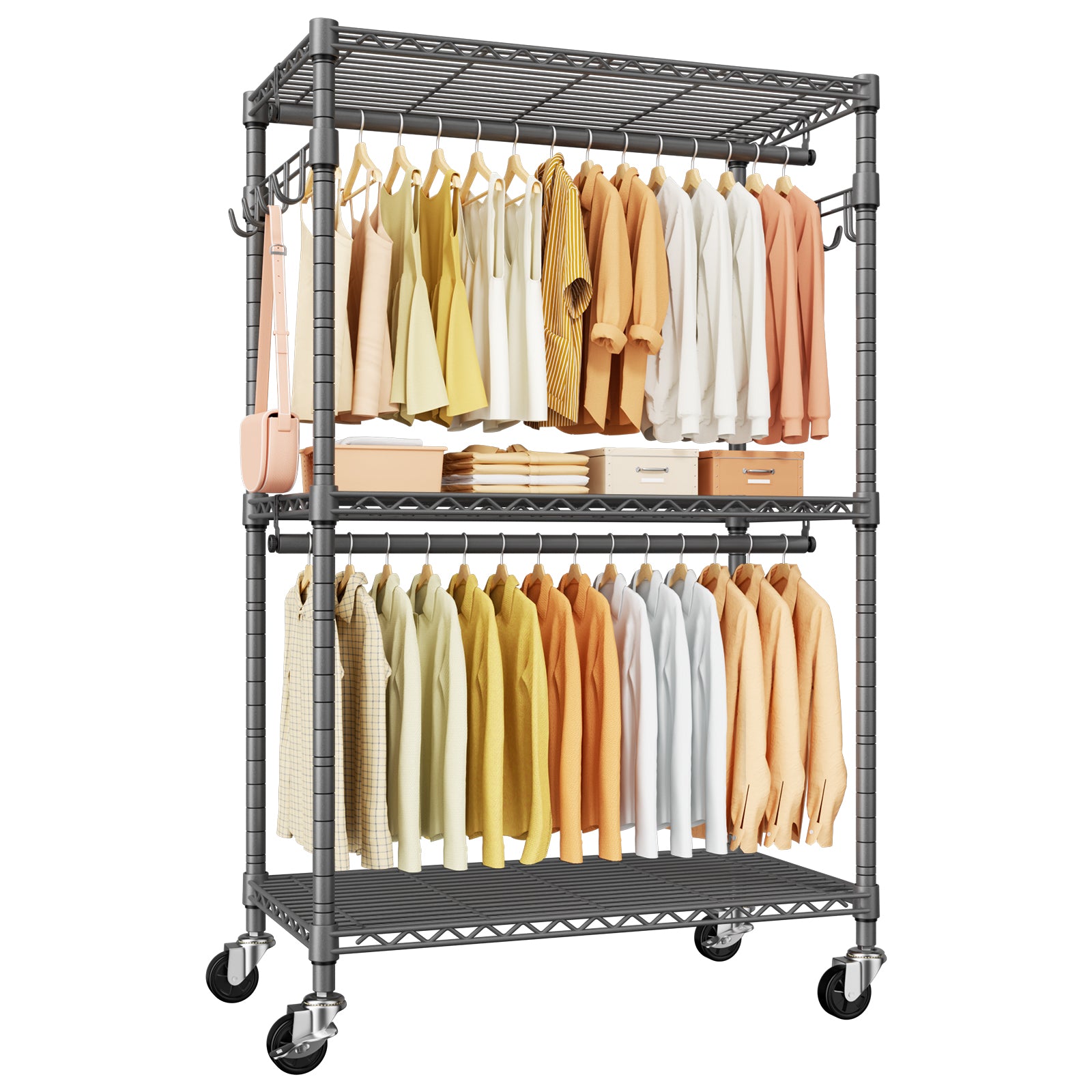 P1 35.4"W Single Column Garment Rack with Lockable Wheels, 500LBS Capacity & 3 Adjustable Wire Shelves