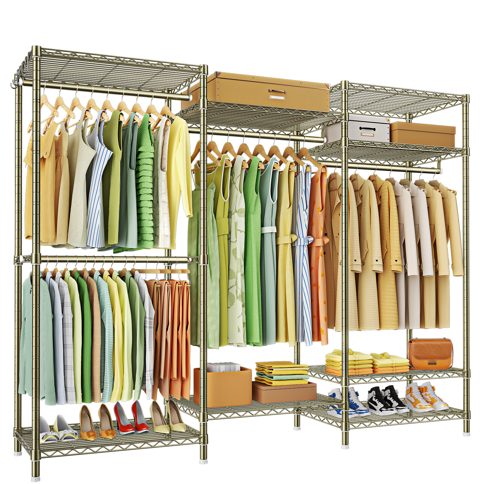 E13 Triple Column Garment Rack (Black), 900LBS Load, 8-Tier Shelves, 4 Hanger Rods & 8 S Hooks