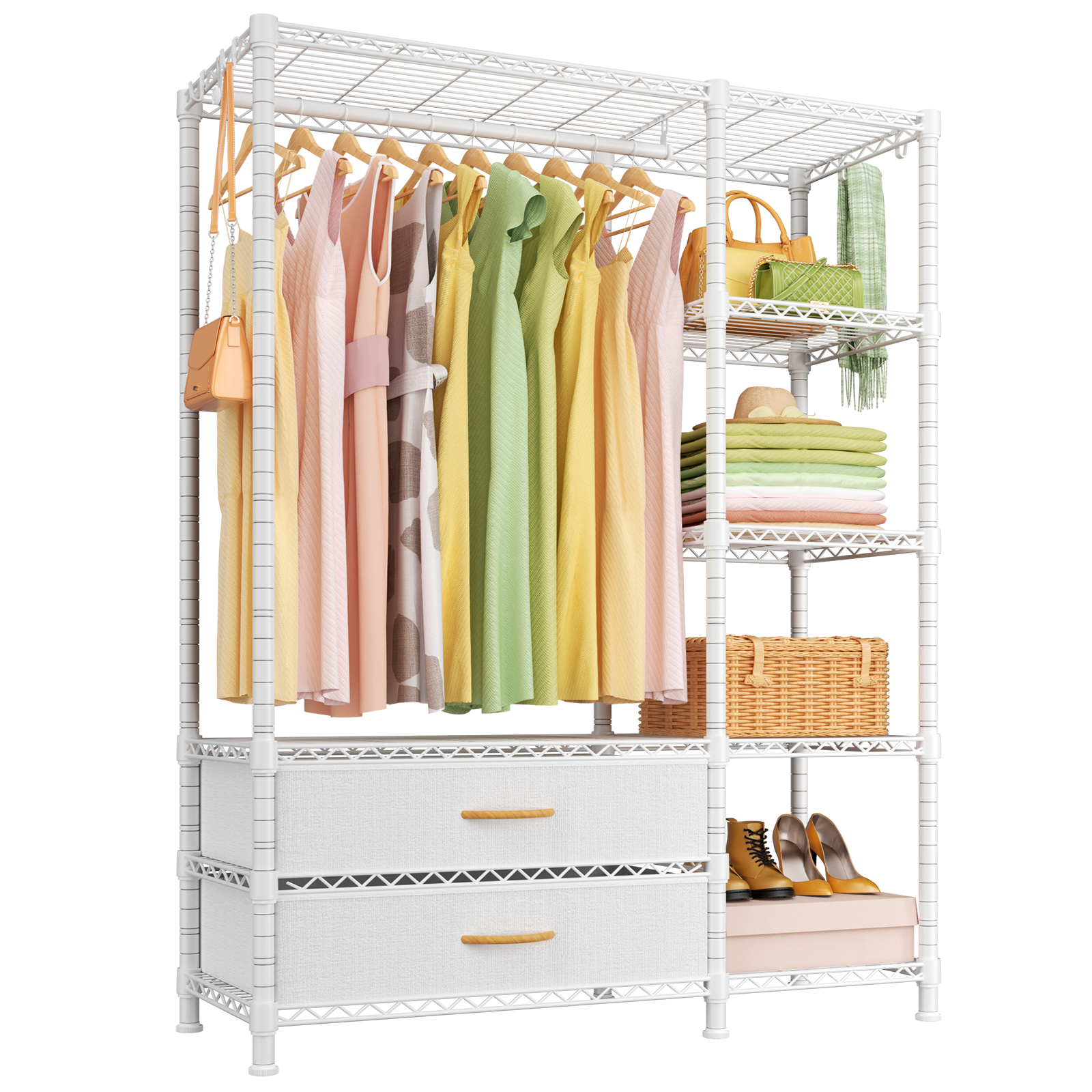 F3 Double Column Garment Rack (Black), 700LBS Load, 4-Tier Shelves & 2 Fabric Drawers with Bottom Boards