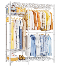 F7 Double Column Garment Rack (Black), 58"W x 14.6"D x 76.6"H, 800LBS Load & 6-Tier Shelves