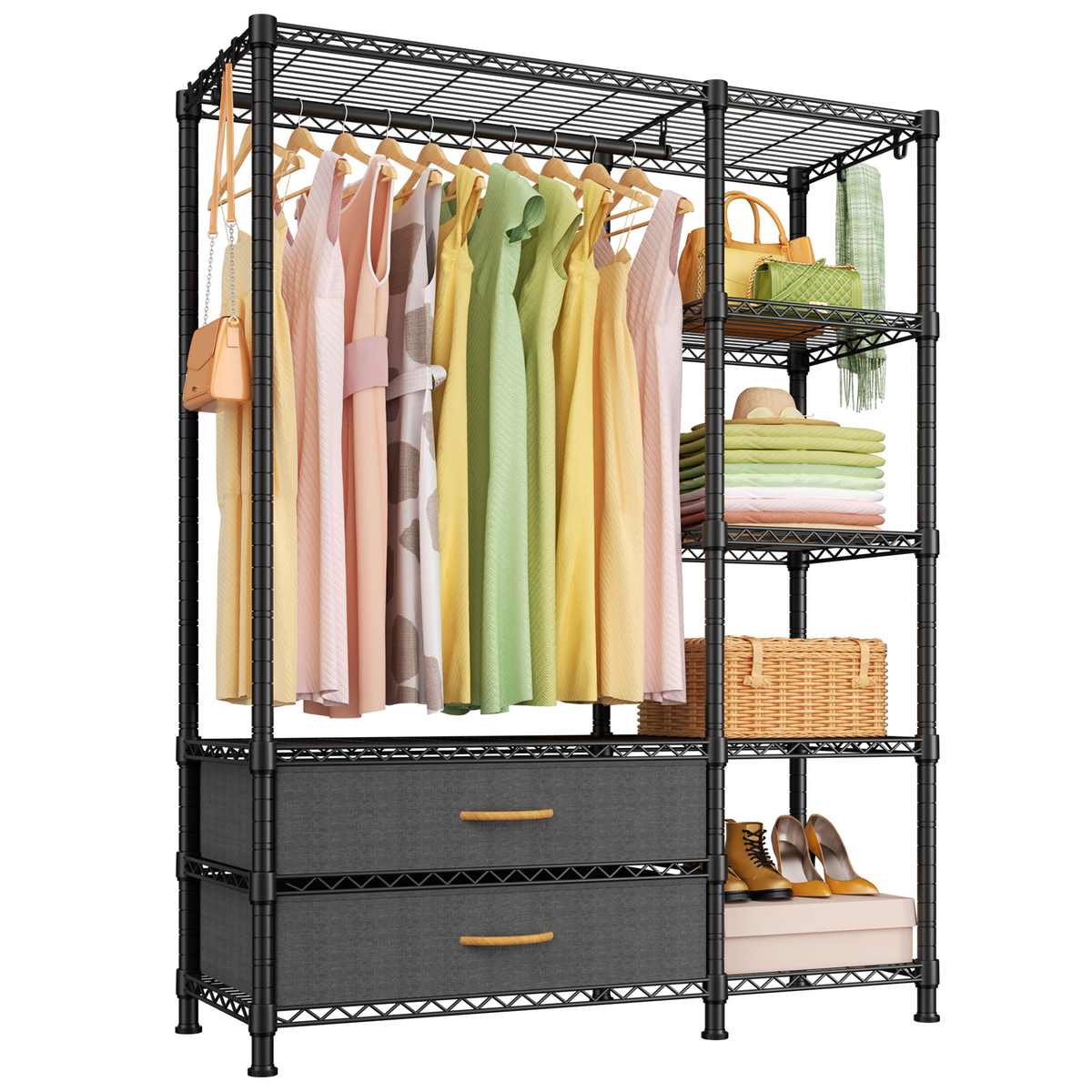 F3 Freestanding clothing rack - Metal clothes rack with fabric drawers, massive storage spaces