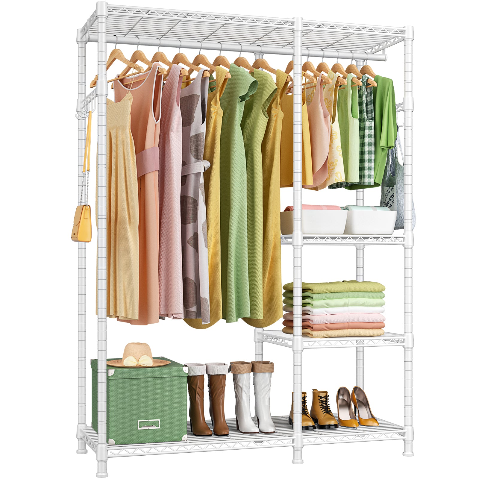 F4 Double Column Garment Rack (Black), 500LBS Load, 4-Tier Shelves & 1 Hanger Rod with Side Hooks
