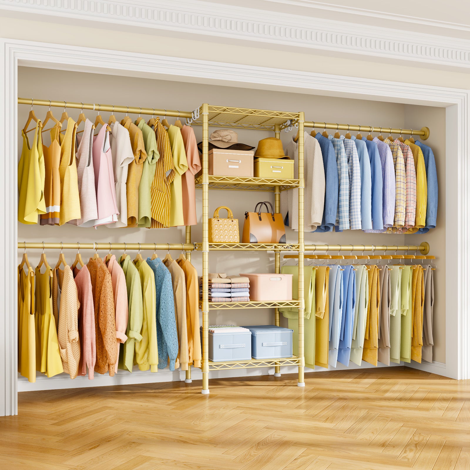 M2 Wall Mounted Closet System, Clothes Rack Mounted onto the Wall with 4 Expandable Hanger Rods and 5 Metal Shelves, Clothing Organizer Storage in (70.8-102.3)" L x 14.5" D x 71.2" H