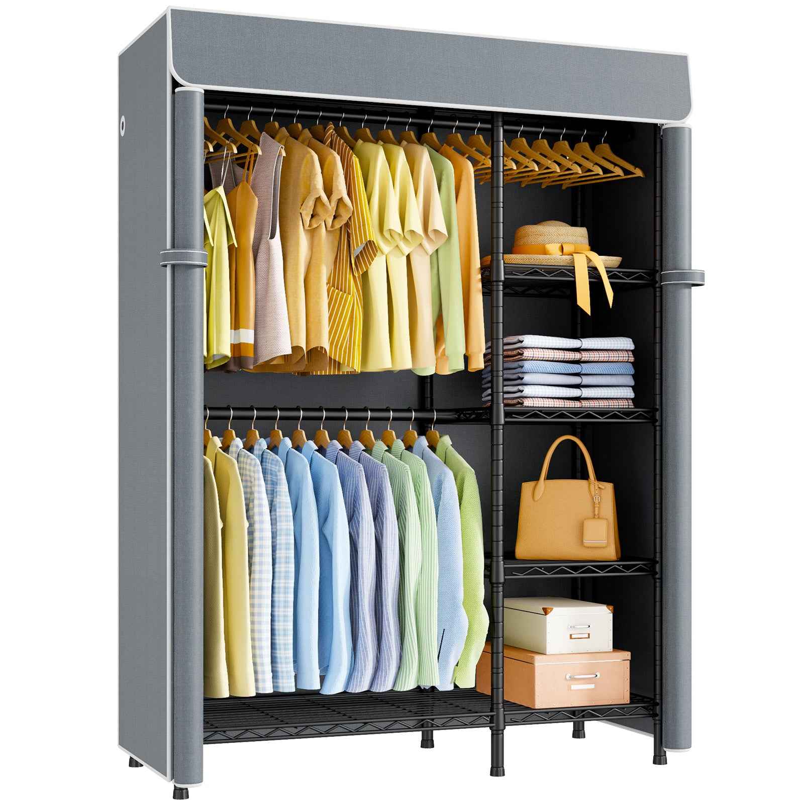 F2C Clothes Rack with Cover, Clothing Racks for Hanging Clothes, Heavy Duty Garment Rack with Shelves and Hanger Rods
