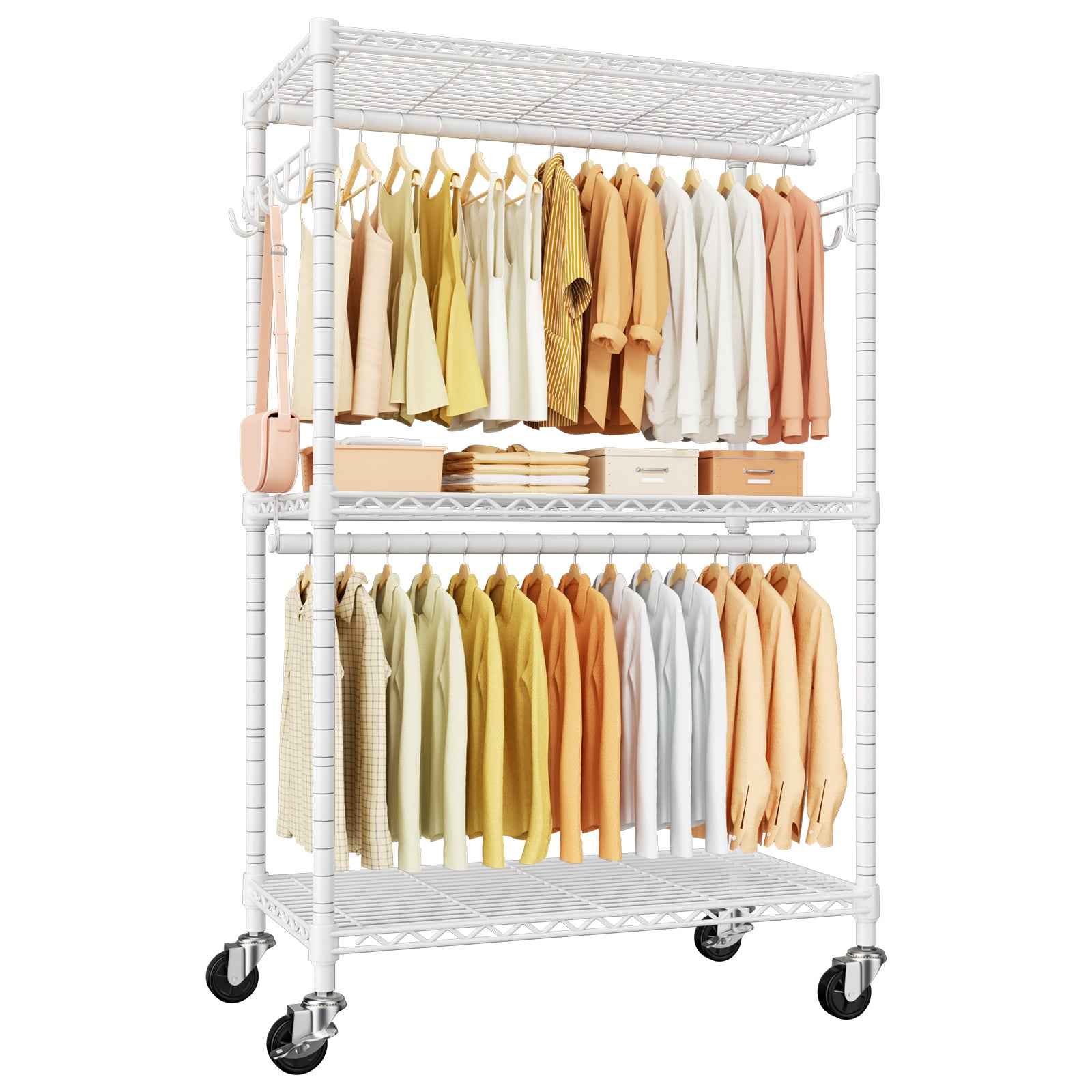 P1 35.4"W Single Column Garment Rack with Lockable Wheels, 500LBS Capacity & 3 Adjustable Wire Shelves