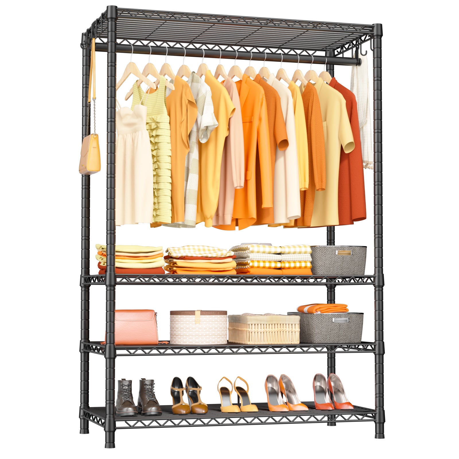 H2 30"W Single Column Garment Rack (Black), 500LBS Load & 4-Tier Adjustable Wire Shelves