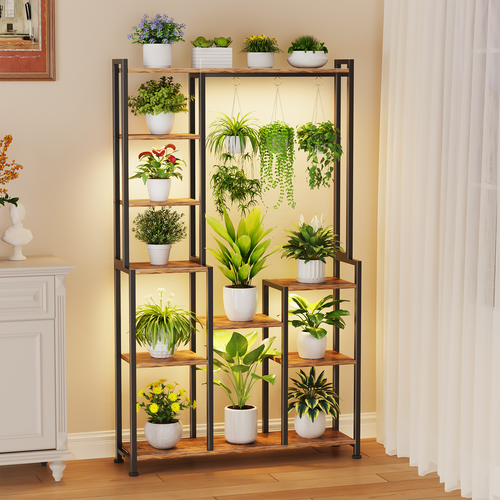 tall hanging plant stand indoor C2 Plant Stand Indoor with Grow Lights, Indoor Tiered Metal Plant Stand 70.87" Tall Plant Shelf with Hooks for Hanging, Plant Holder Display Shelves for Patio, Garden, Outdoor