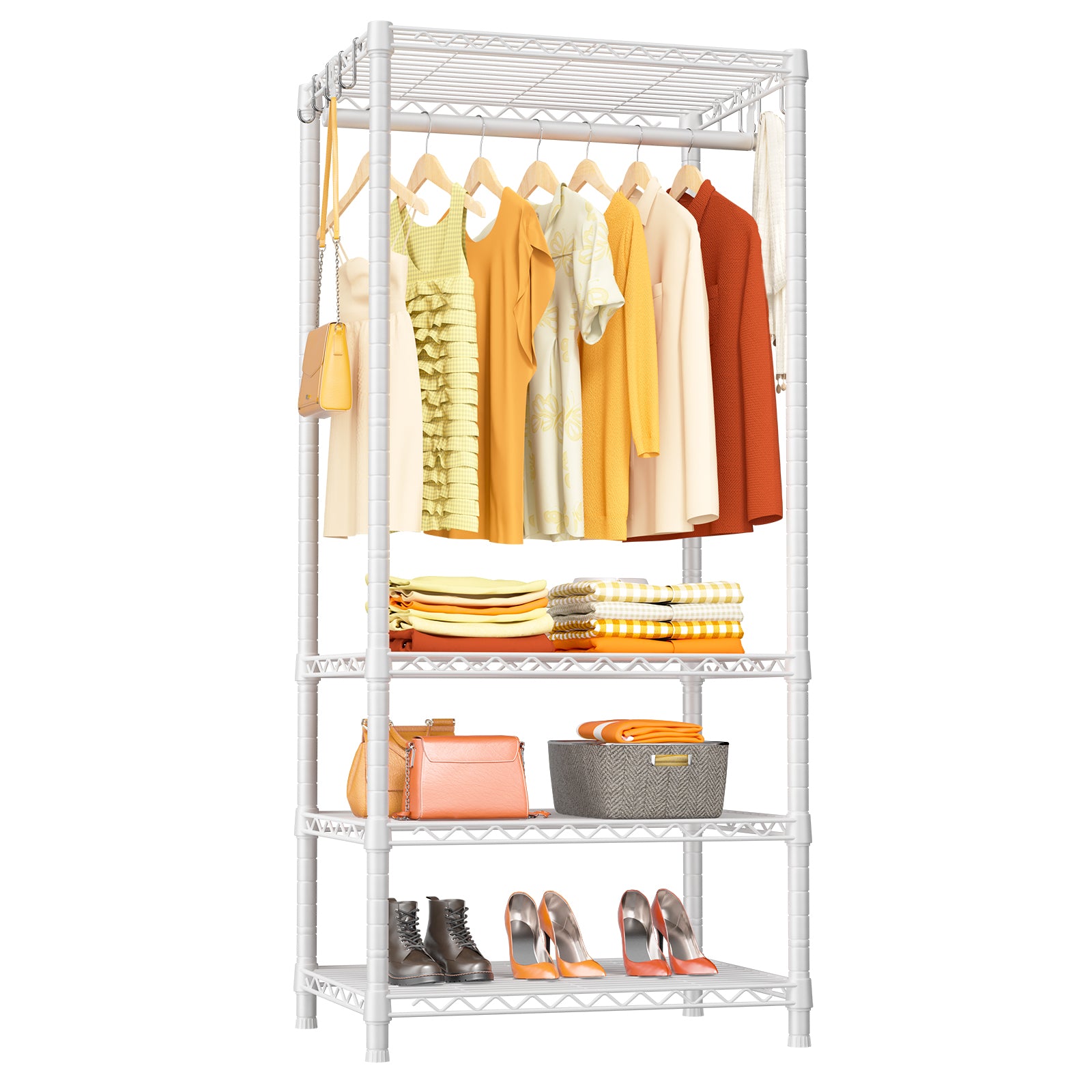 H2 30"W Single Column Garment Rack (Black), 500LBS Load & 4-Tier Adjustable Wire Shelves